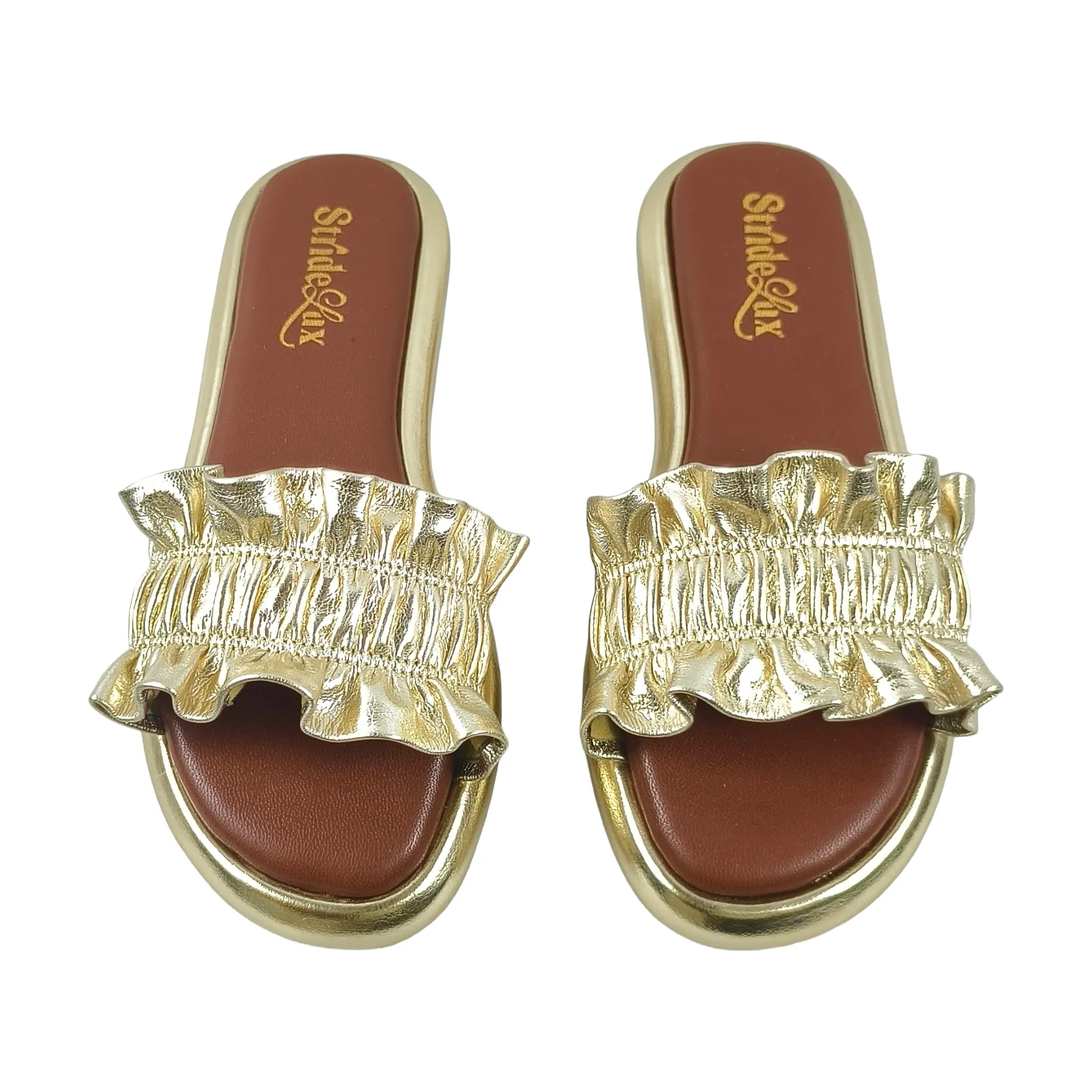 StrideLux Golden Ruffle Flat Slides - Image 3