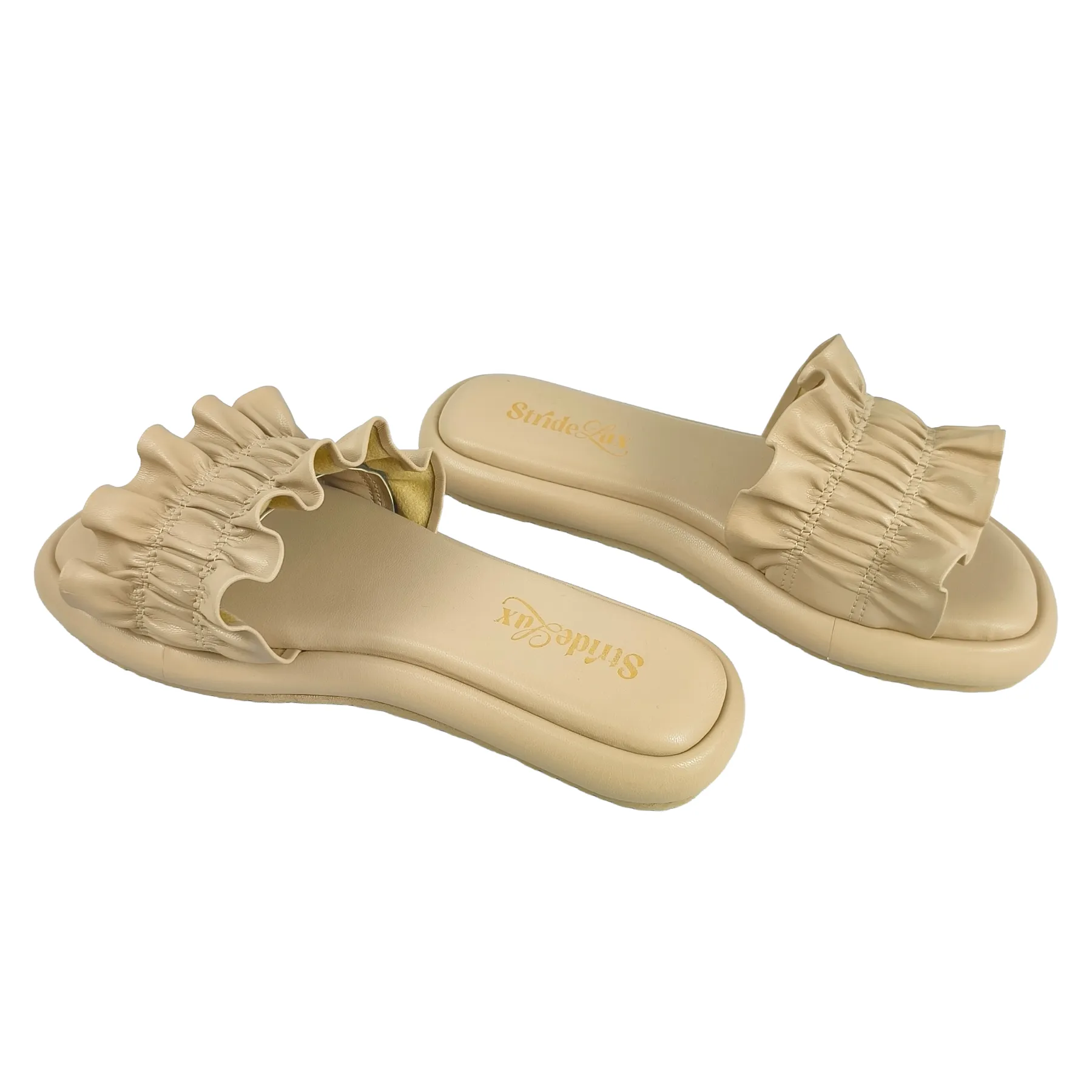 StrideLux Nude Beige Ruffle Flat Slides - Image 5