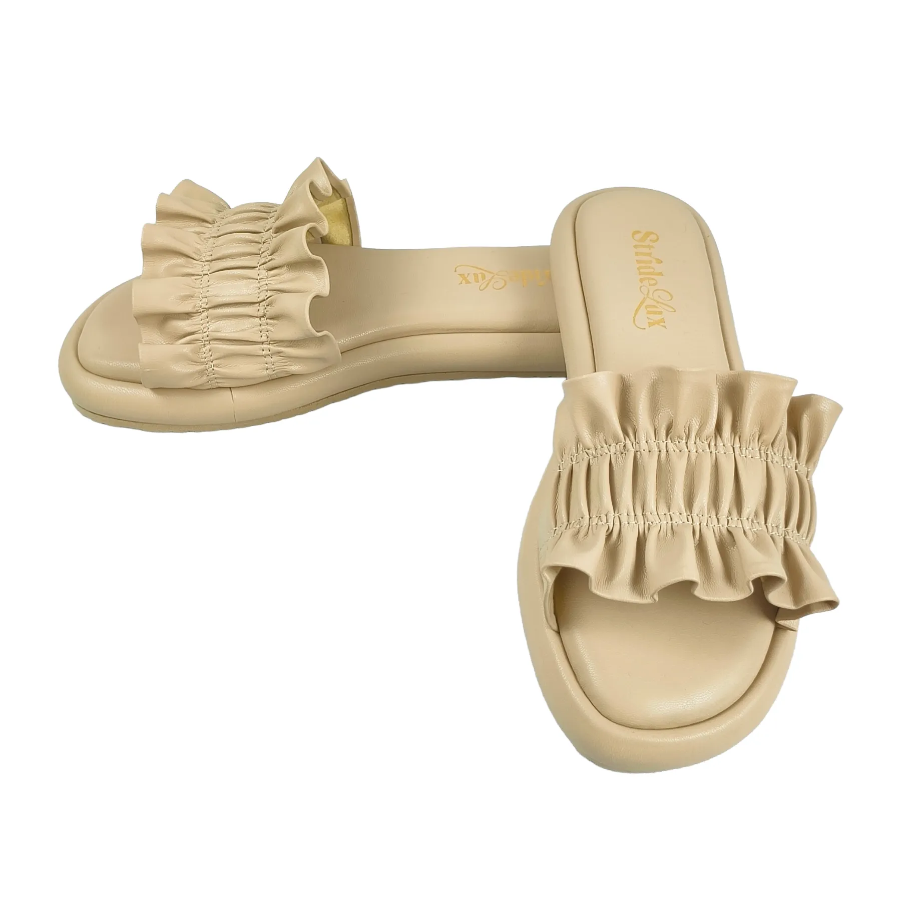 StrideLux Nude Beige Ruffle Flat Slides - Image 6