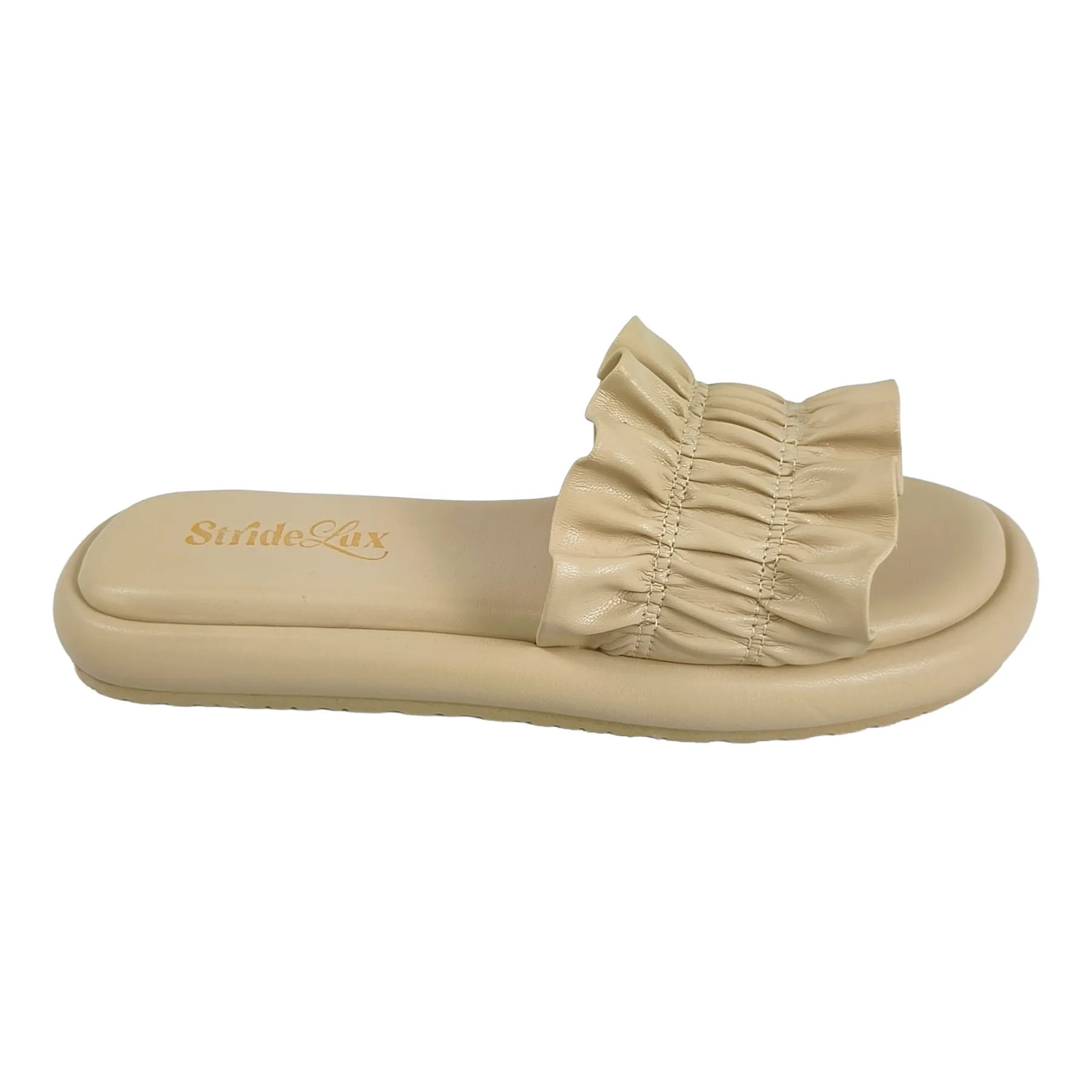StrideLux Nude Beige Ruffle Flat Slides - Image 4