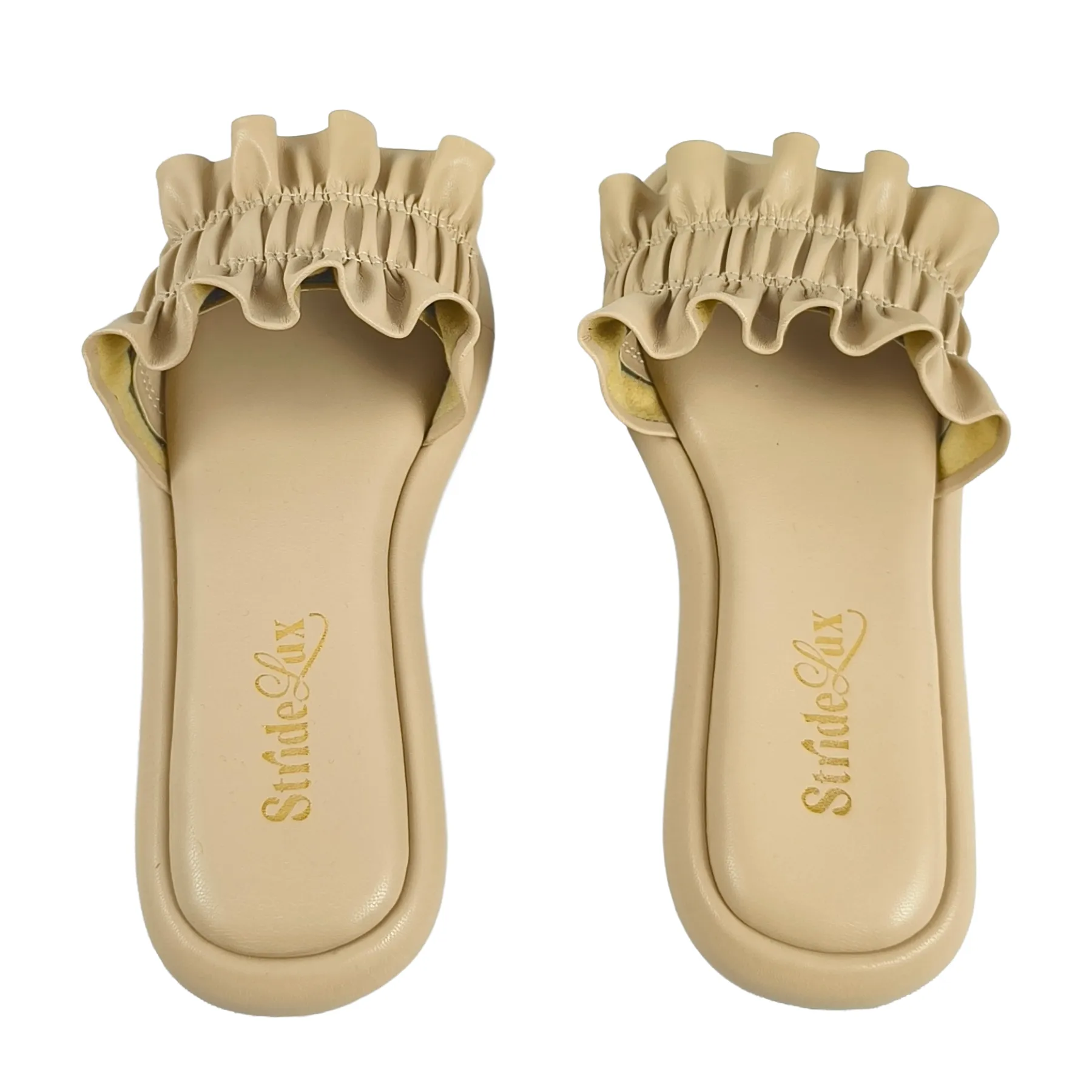 StrideLux Nude Beige Ruffle Flat Slides - Image 3