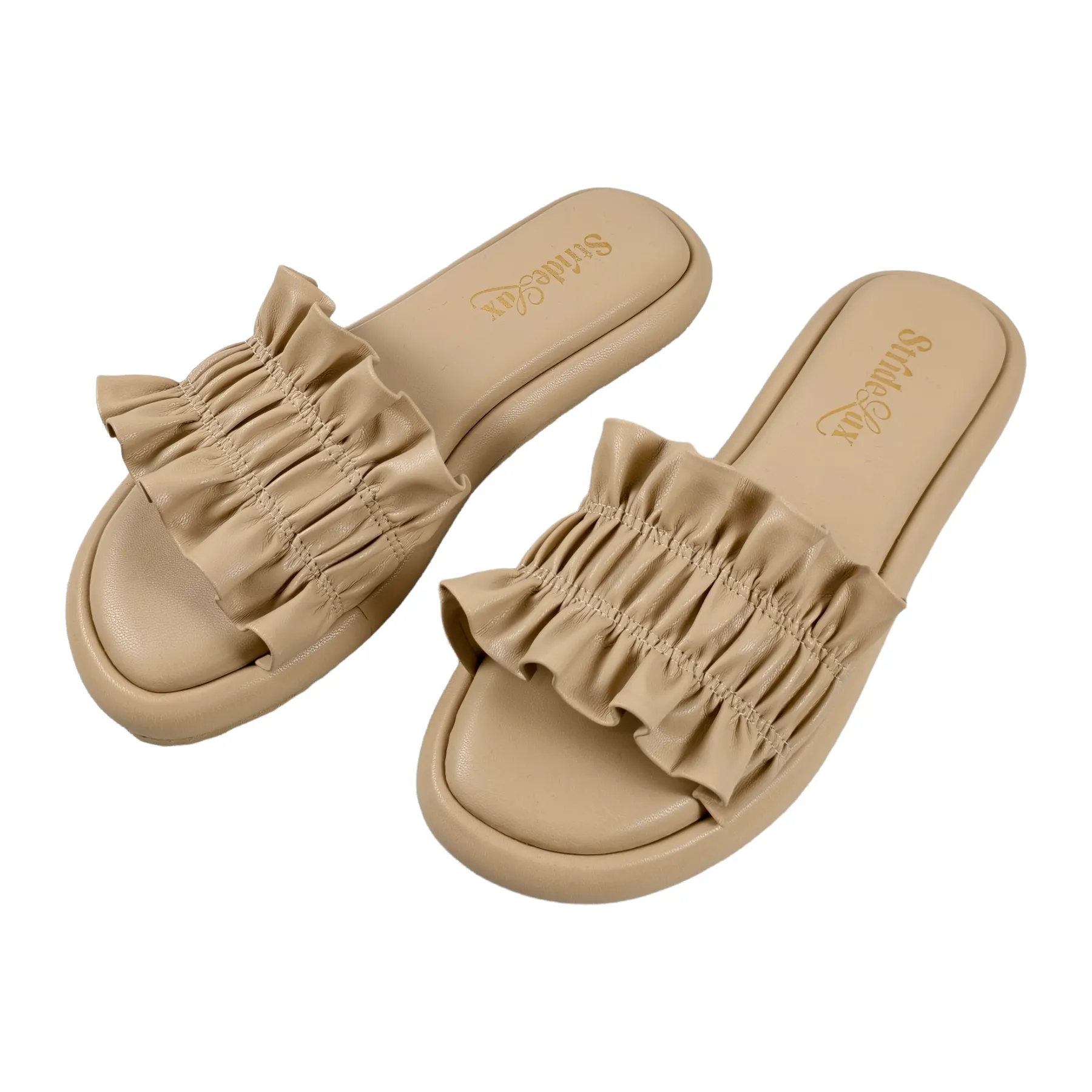 StrideLux Nude Beige Ruffle Flat Slides