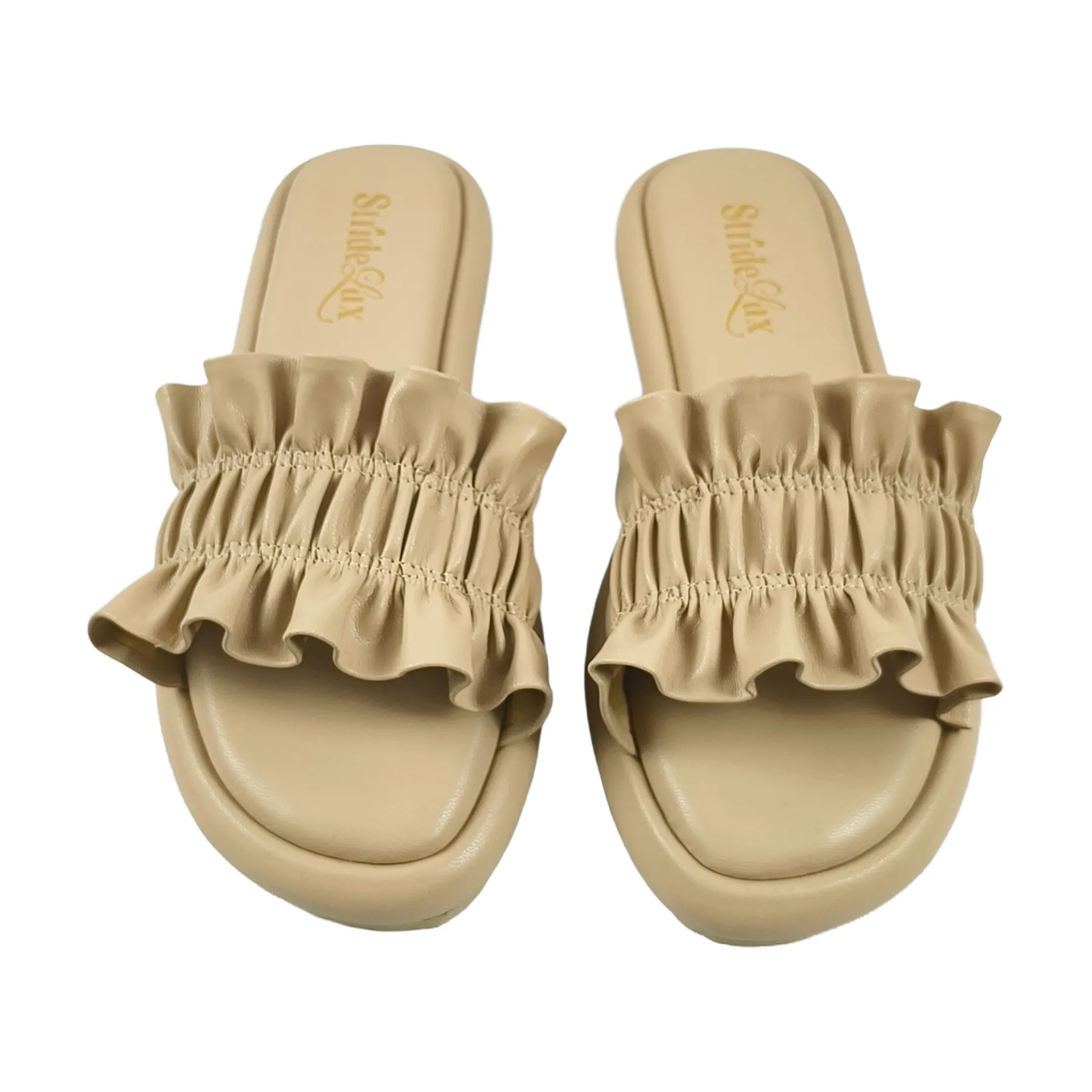 StrideLux Nude Beige Ruffle Flat Slides