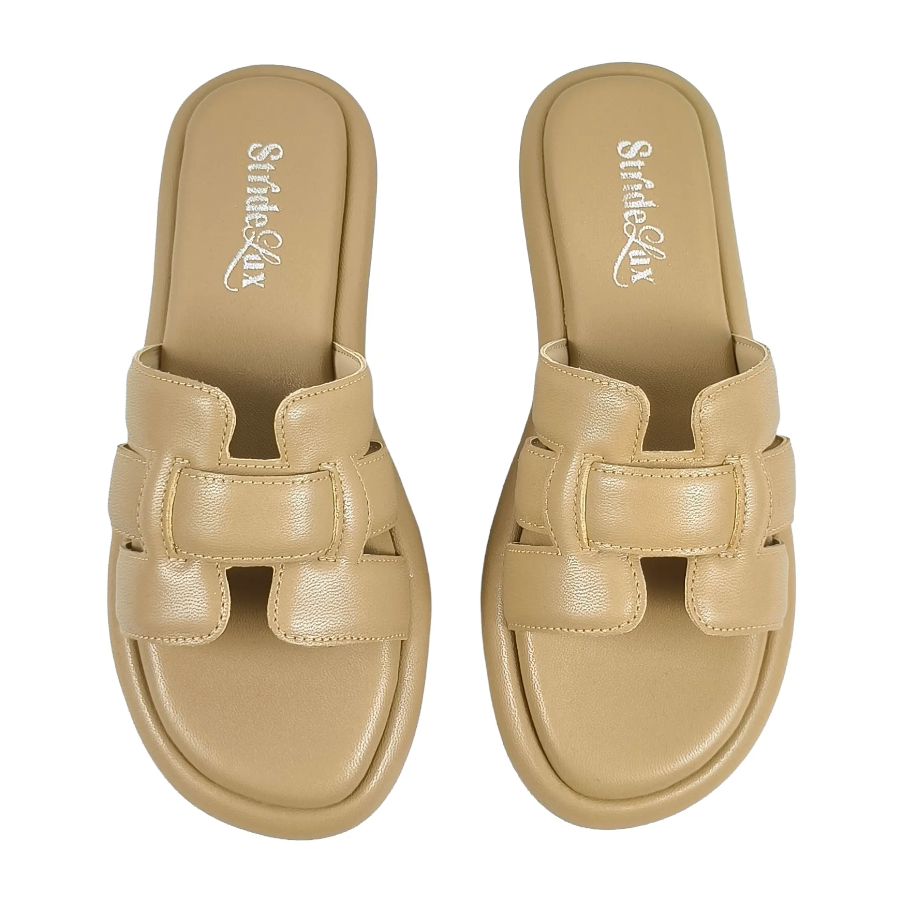 StrideLux Warm Beige Premium Crossover Flat Slides
