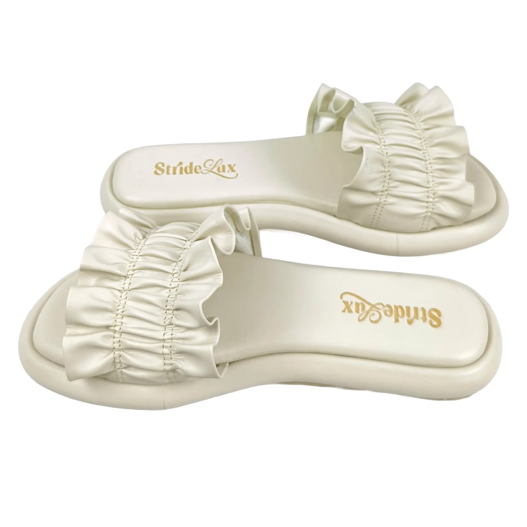 StrideLux Ivory Ruffle Flat Slides - Image 5