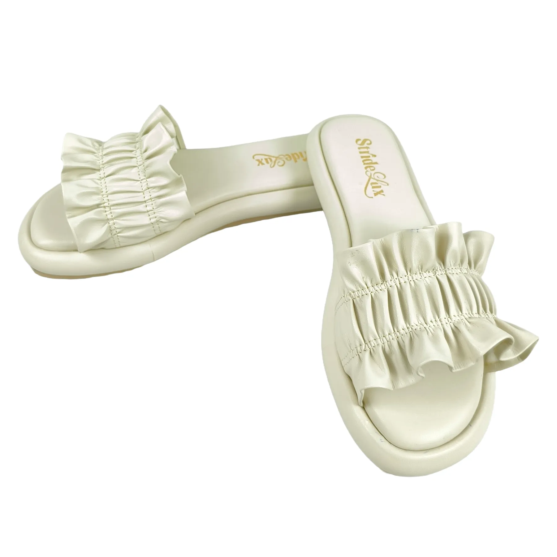 StrideLux Ivory Ruffle Flat Slides - Image 6