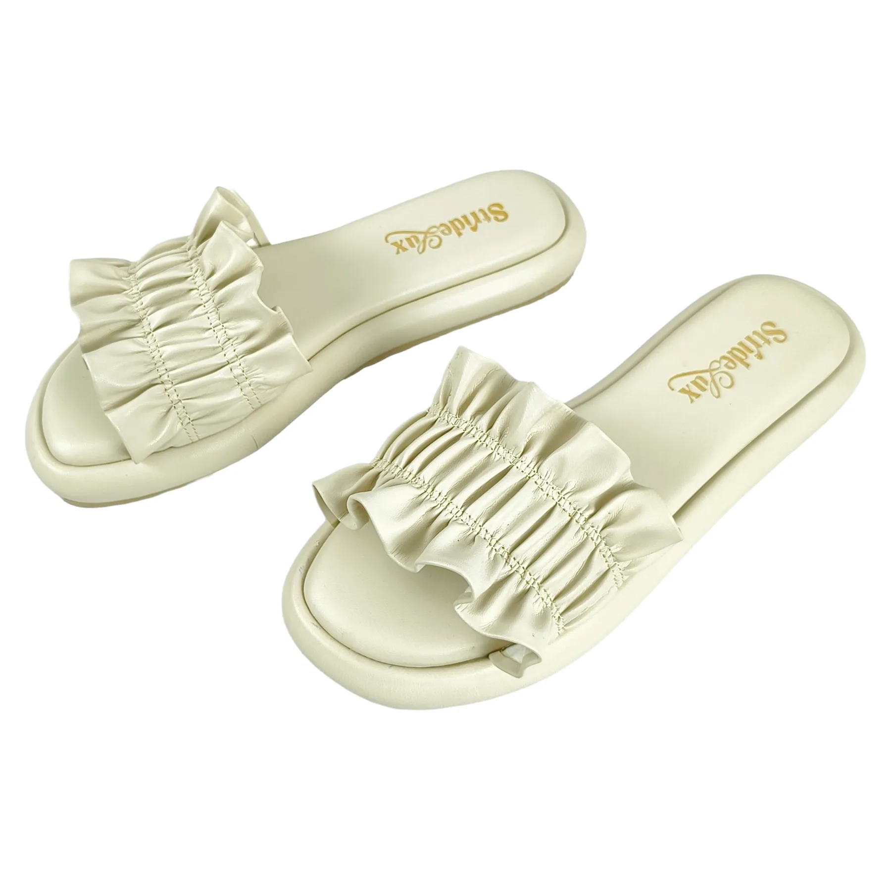 StrideLux Ivory Ruffle Flat Slides