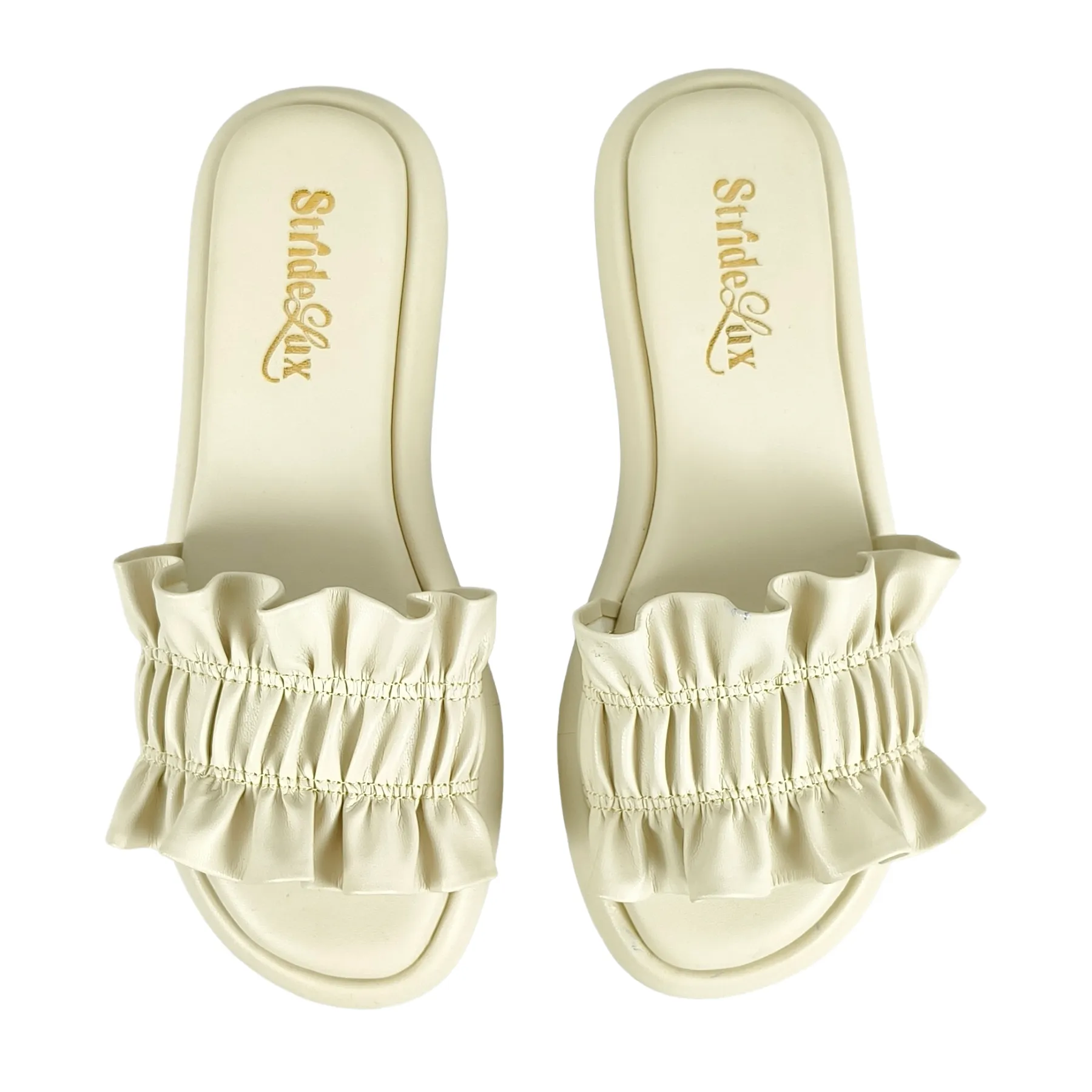 StrideLux Ivory Ruffle Flat Slides
