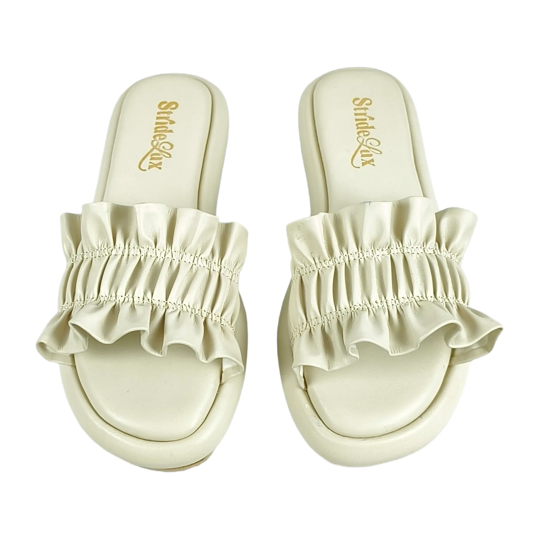 StrideLux Ivory Ruffle Flat Slides - Image 3