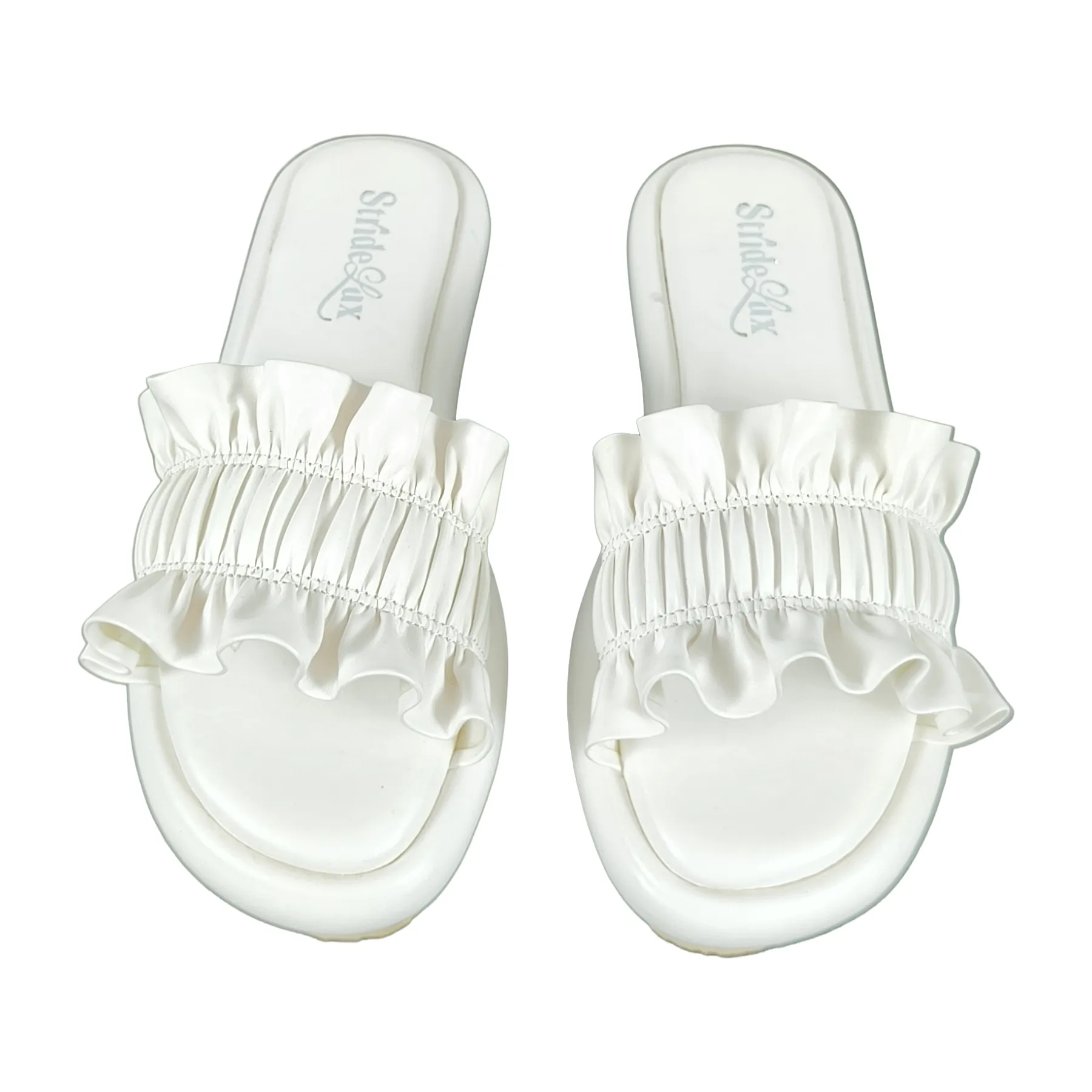 Ruffle Flat Slides – White