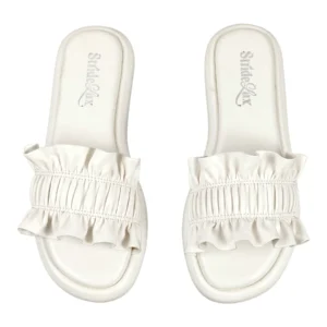 Ruffle Flat Slides – White