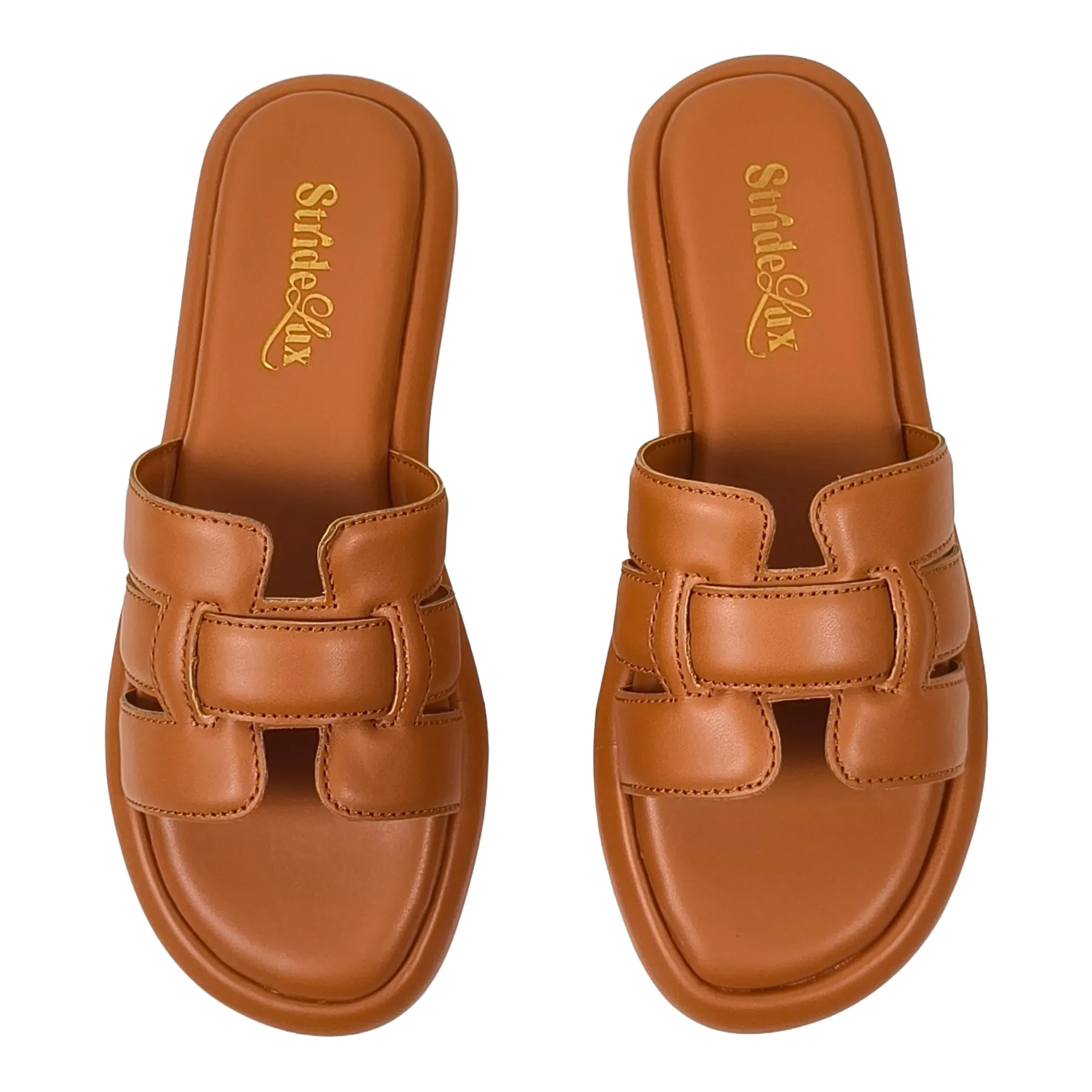 StrideLux Tan Comfort Crossover Flat Slides