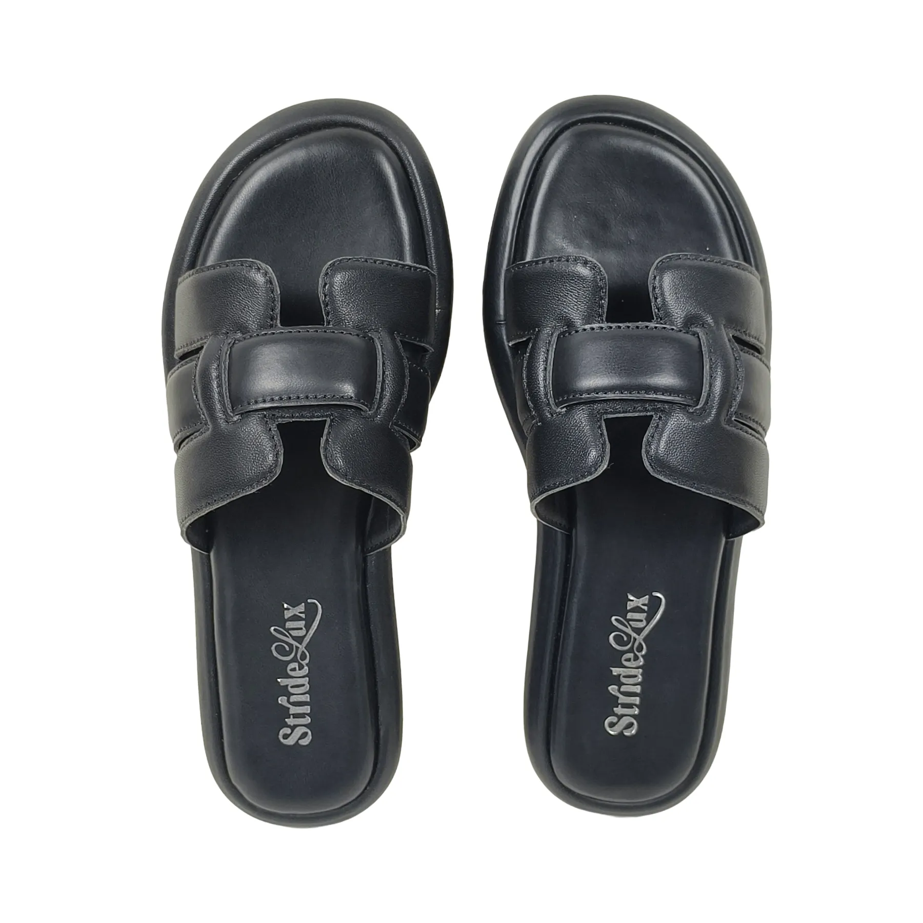 StrideLux Black Premium Crossover Flat Slides