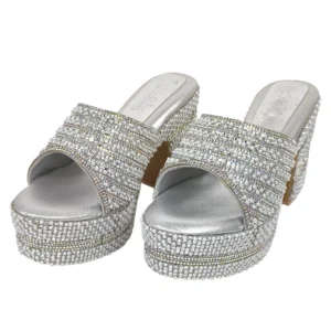 Silver Metallic Block Heel Mules for Bridal, Wedding, & Evening Party Wear