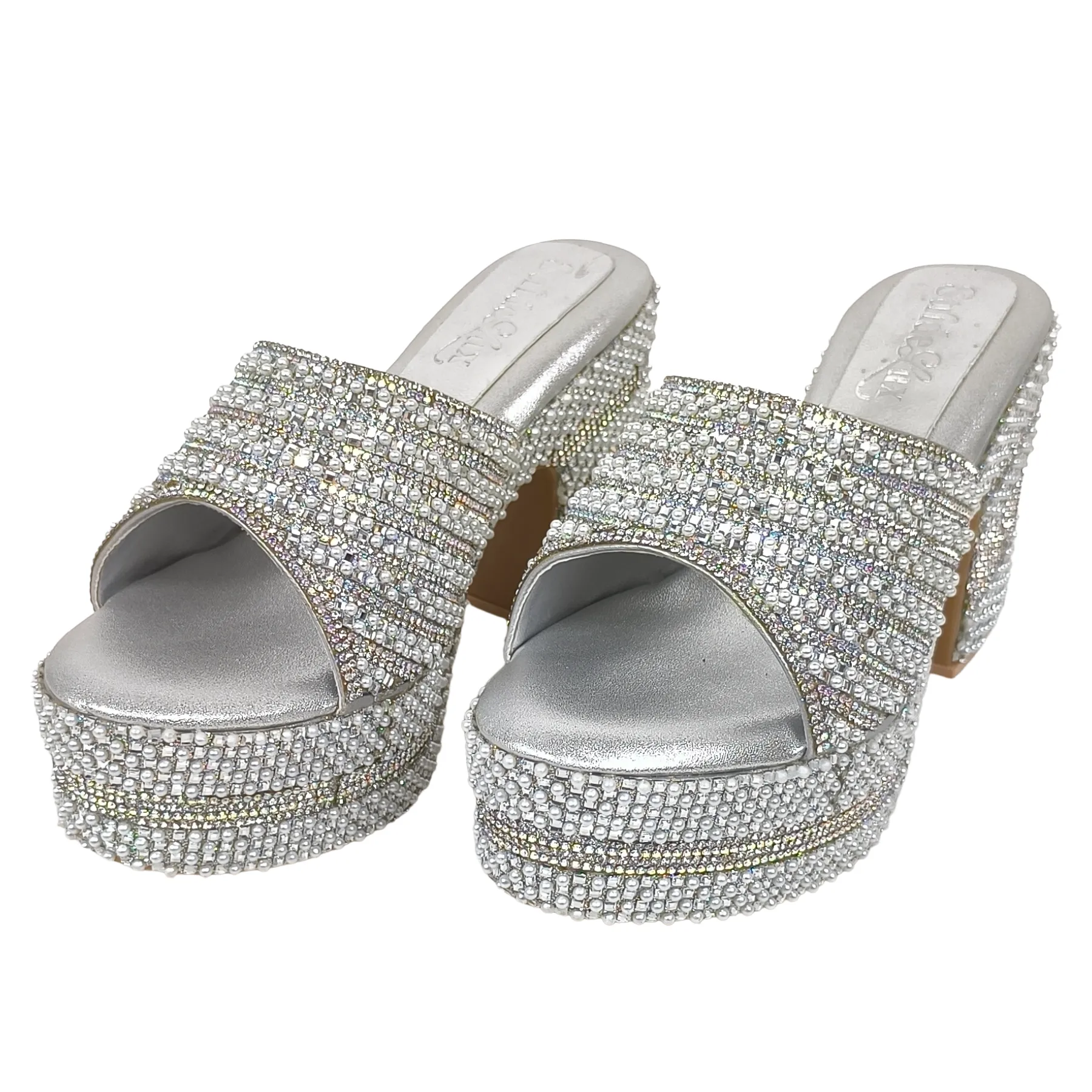 Silver Metallic Block Heel Mules for Bridal, Wedding, & Evening Party Wear
