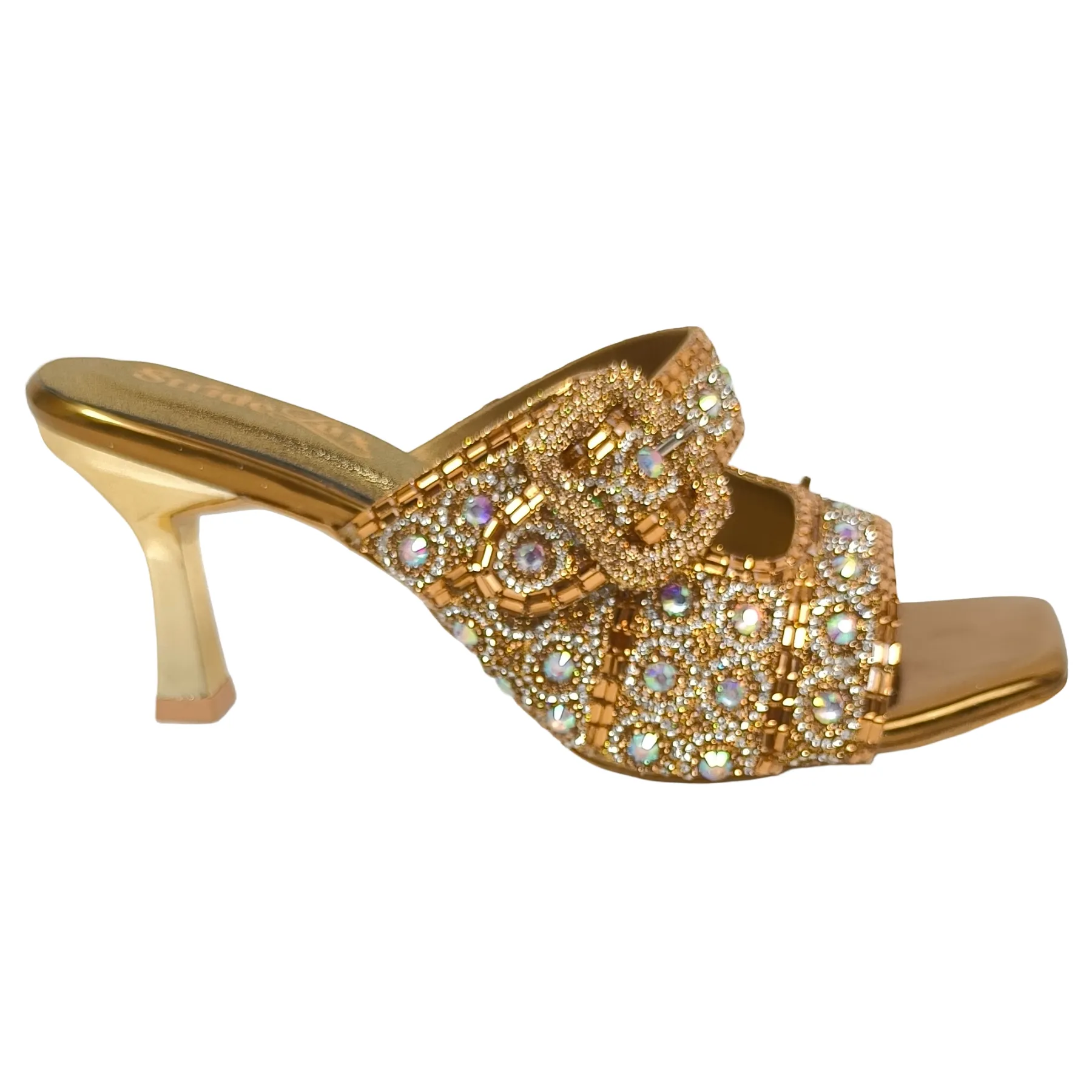 Gold Embellished Multi-Row Crystal Sandals – 3-Inch Flared Heel - Image 5