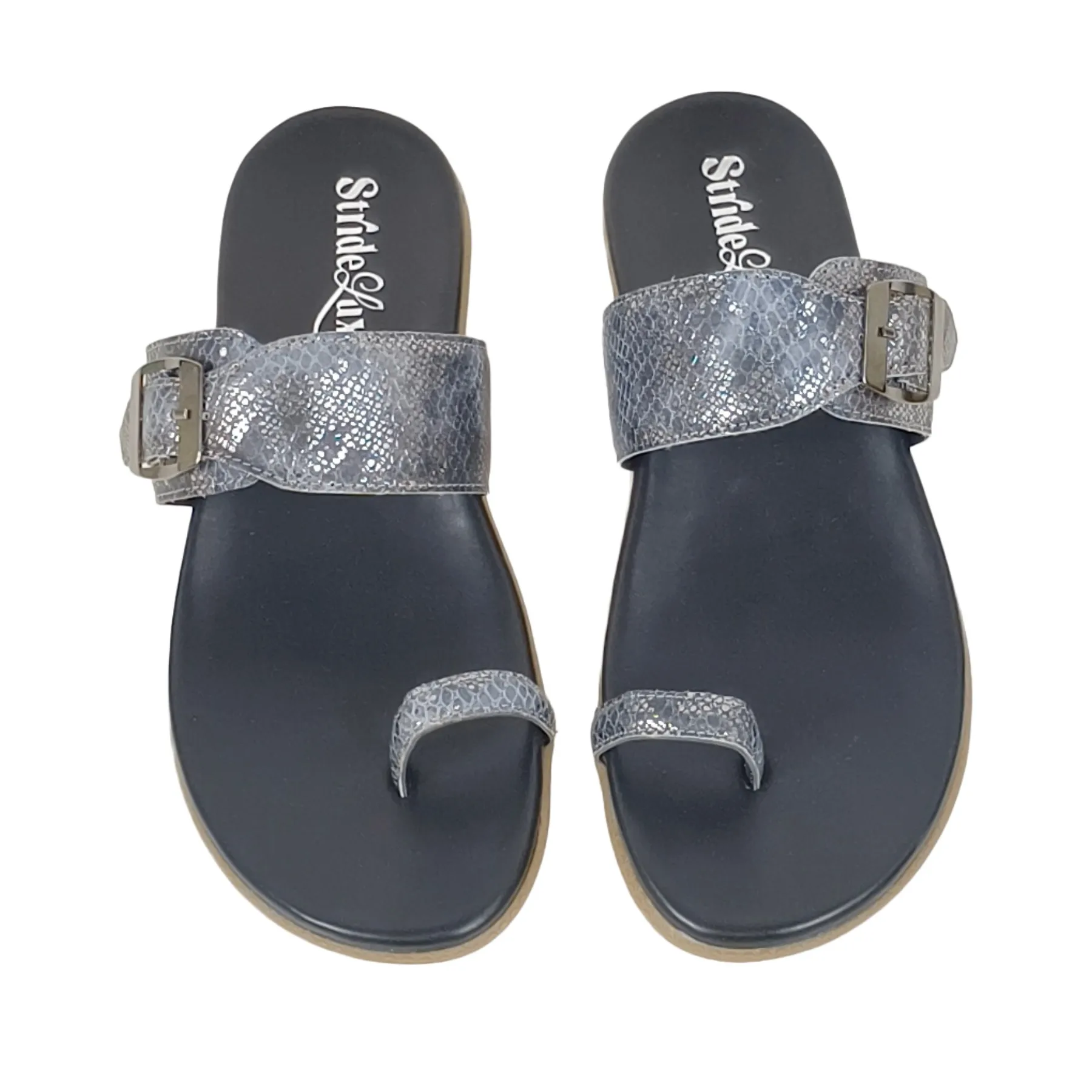 StrideLux Women’s Onyx Black Textured Toe-Loop Flat Sandals