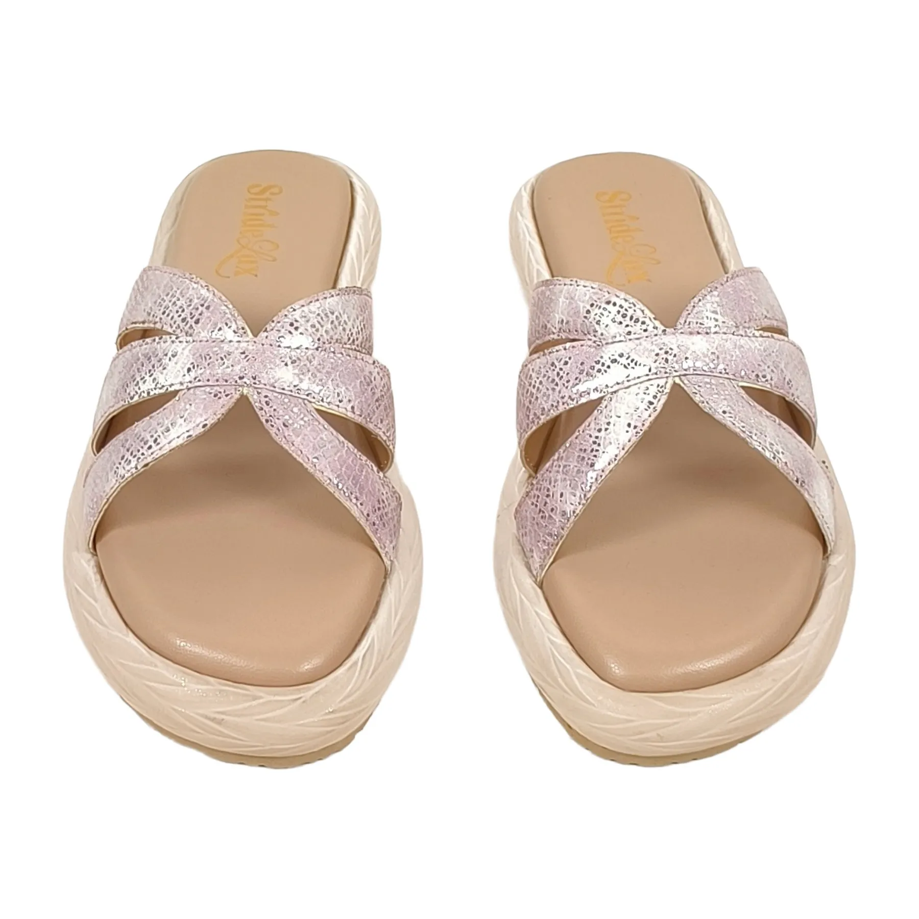 StrideLux Iridescent Rose Multi-Strap Platform Slides