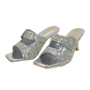 Radiant Silver Baguette Crystal Slide Sandals – 3-Inch Square Toe Heel