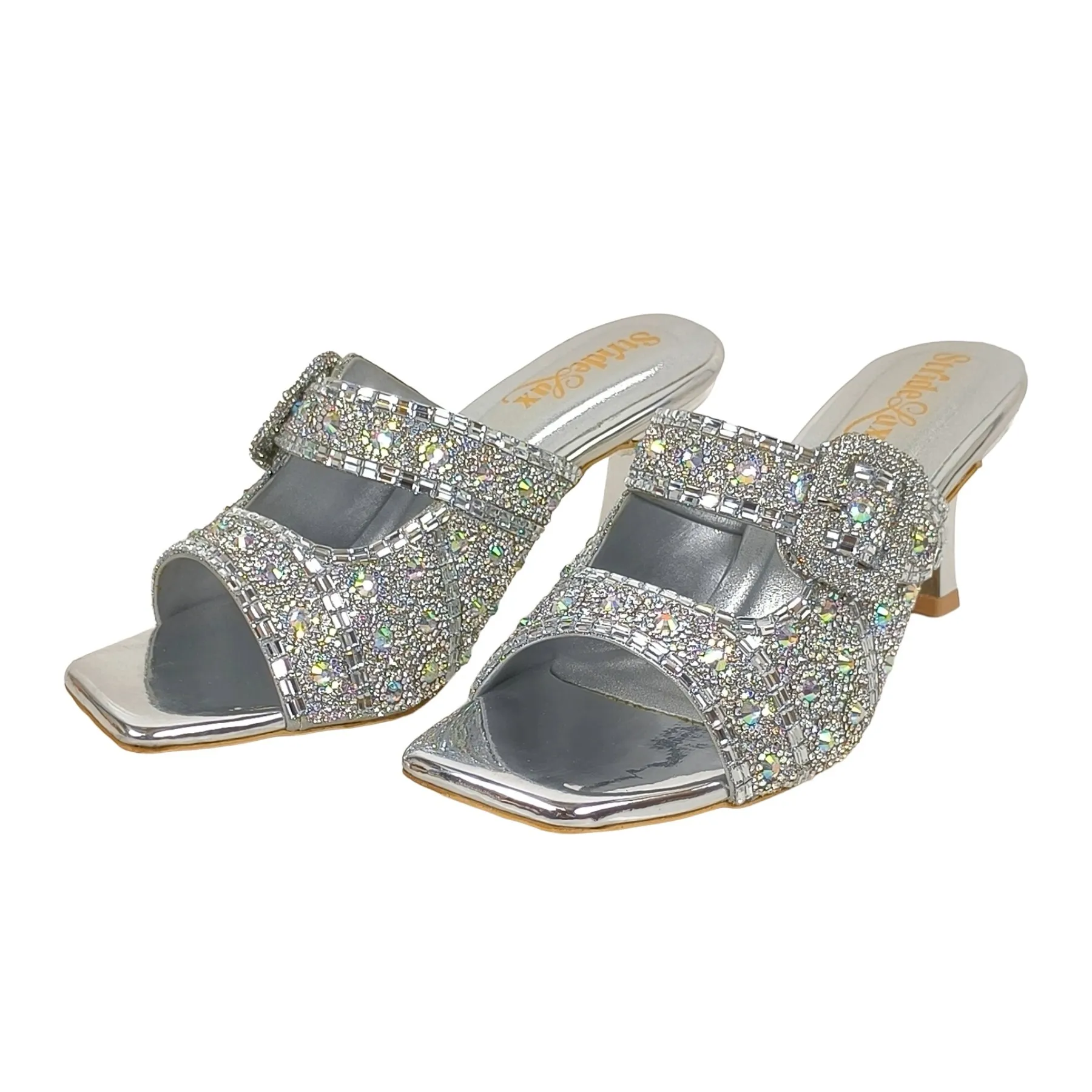 Radiant Silver Baguette Crystal Slide Sandals – 3-Inch Square Toe Heel
