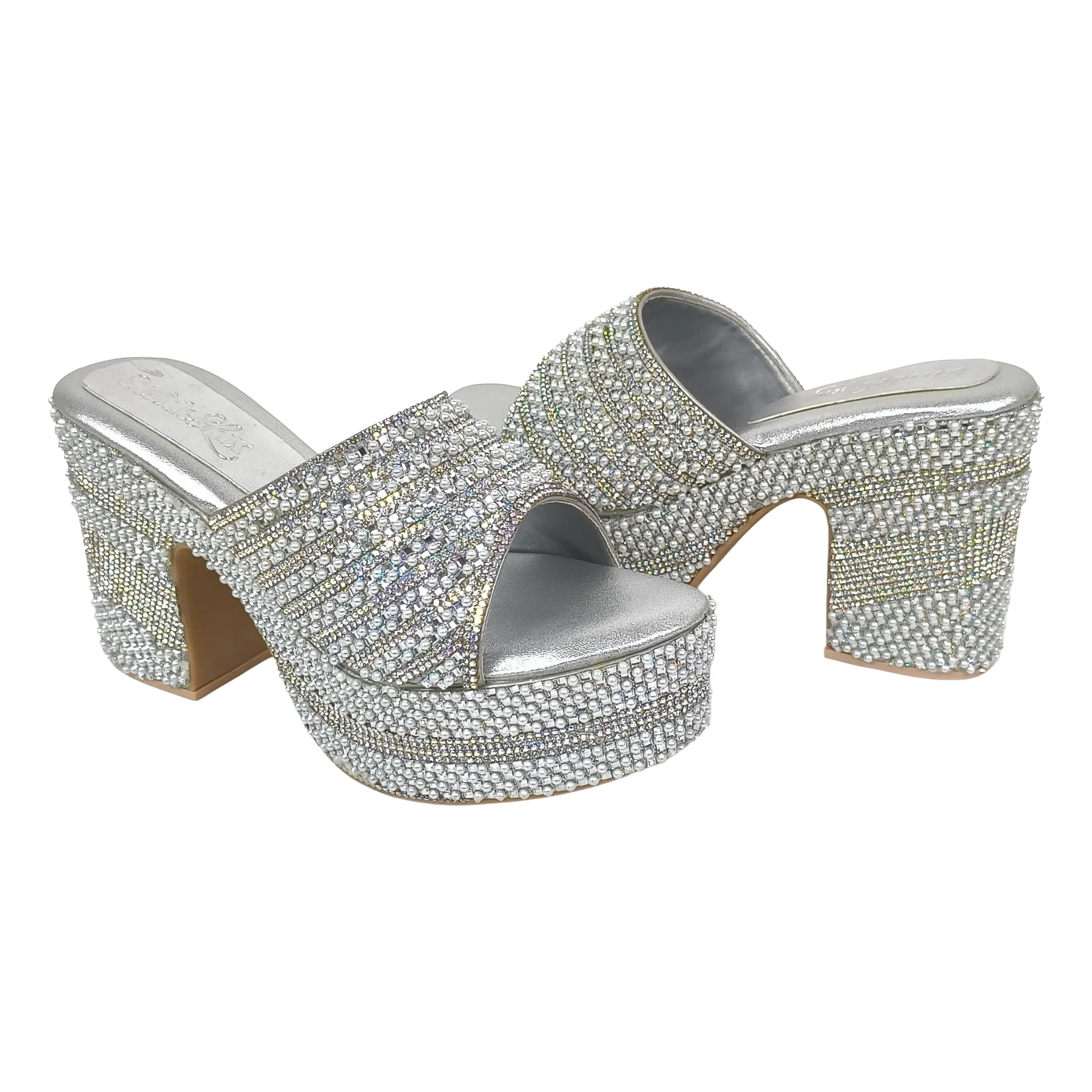 Silver Metallic Block Heel Mules for Bridal, Wedding, & Evening Party Wear - Image 7