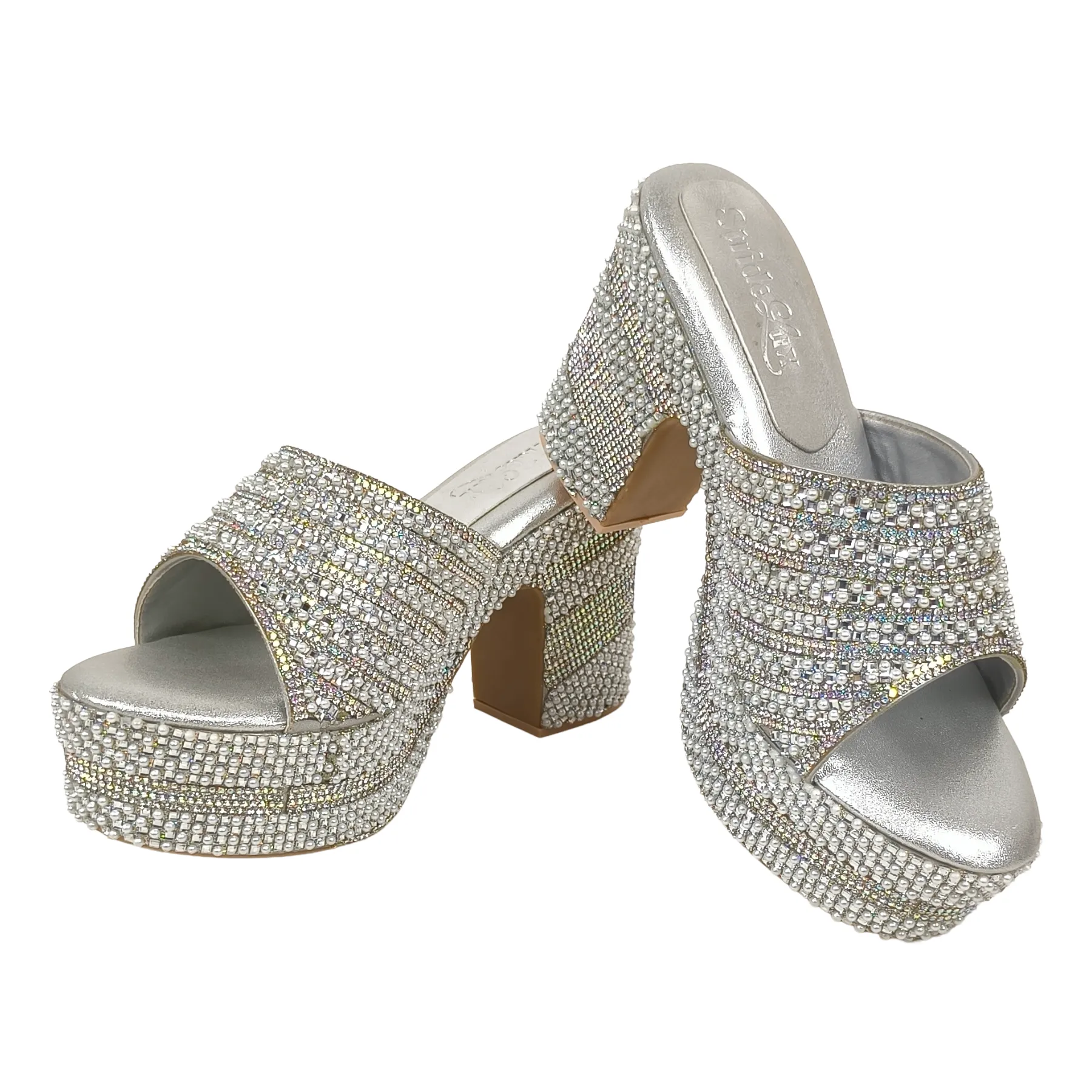 Silver Metallic Block Heel Mules for Bridal, Wedding, & Evening Party Wear - Image 8