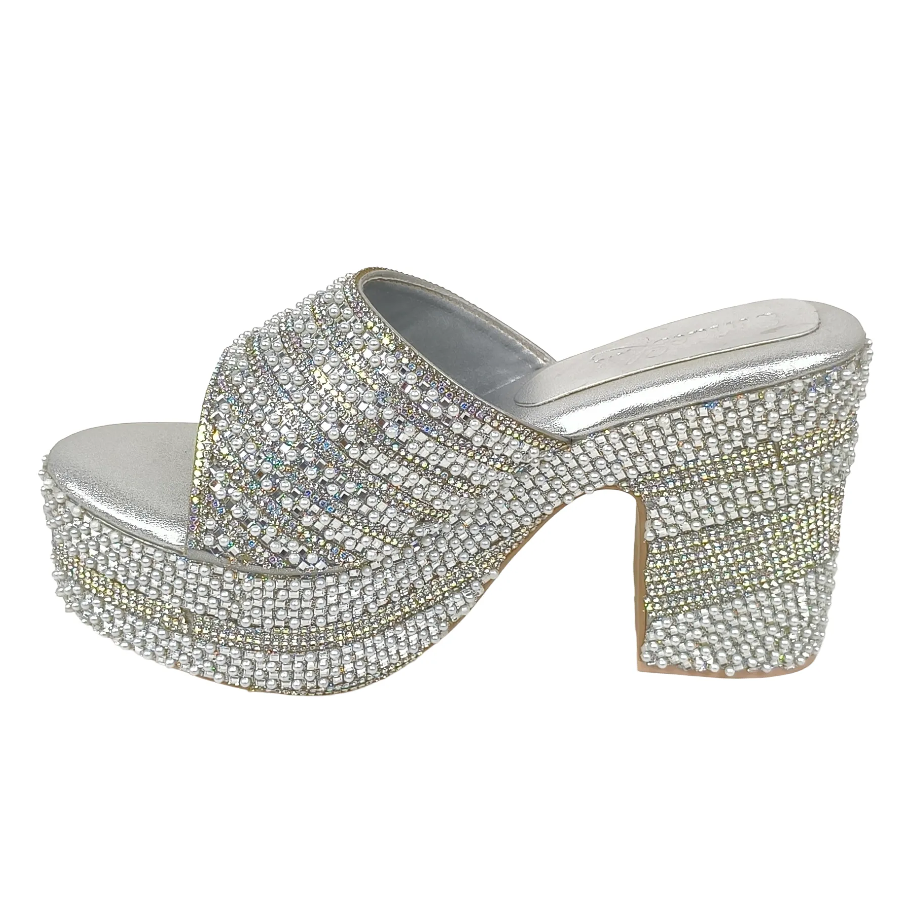 Silver Metallic Block Heel Mules for Bridal, Wedding, & Evening Party Wear - Image 5