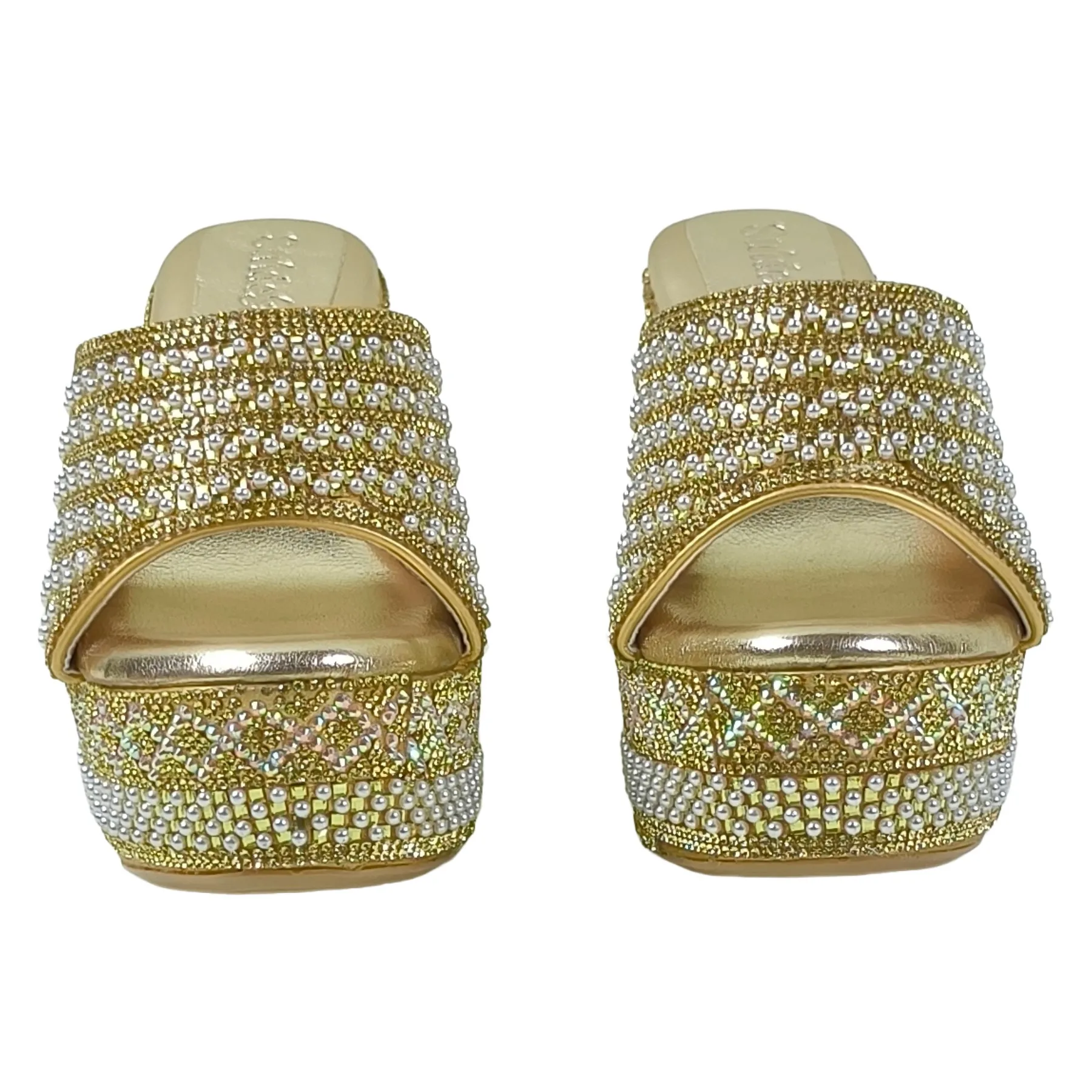 Glitzy Gold Rhinestone & Pearl Encrusted Platform Mules