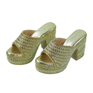 Glitzy Gold Rhinestone & Pearl Encrusted Platform Mules