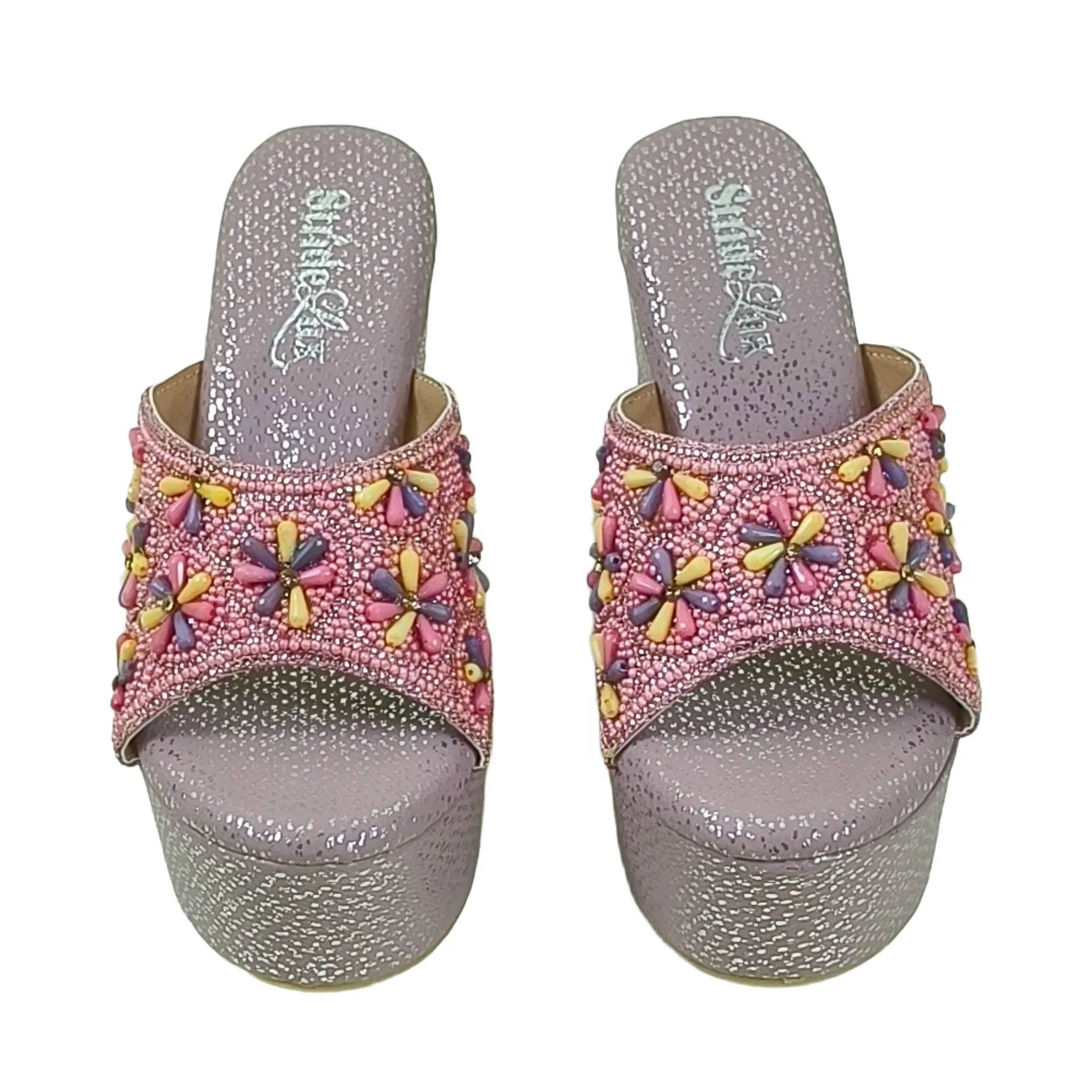 StrideLux Flora-Bead Metallic Platform Mules