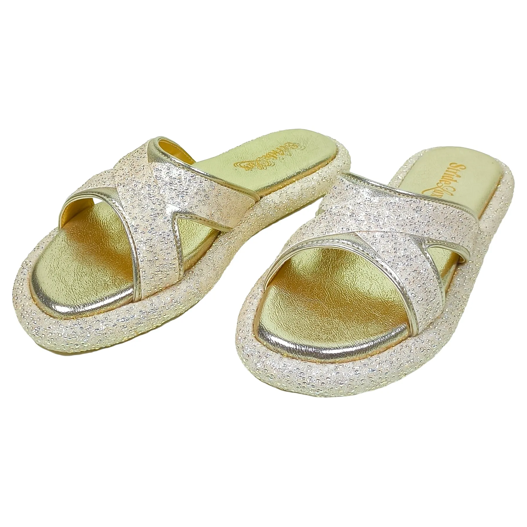 Women Gold Embellished Cross-Strap Slip-On Sandals