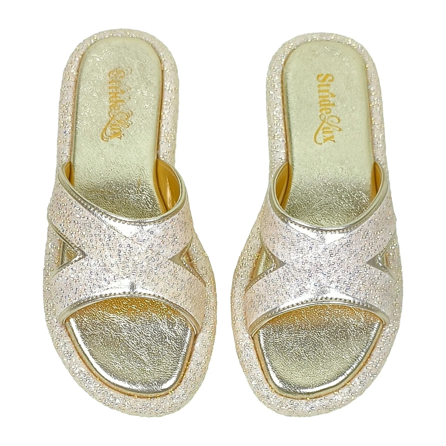 Women Gold Embellished Cross-Strap Slip-On Sandals