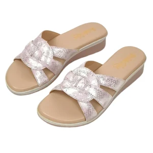 Women Pink Gold Textured Criss-Cross Slip-On Comfort Sandals