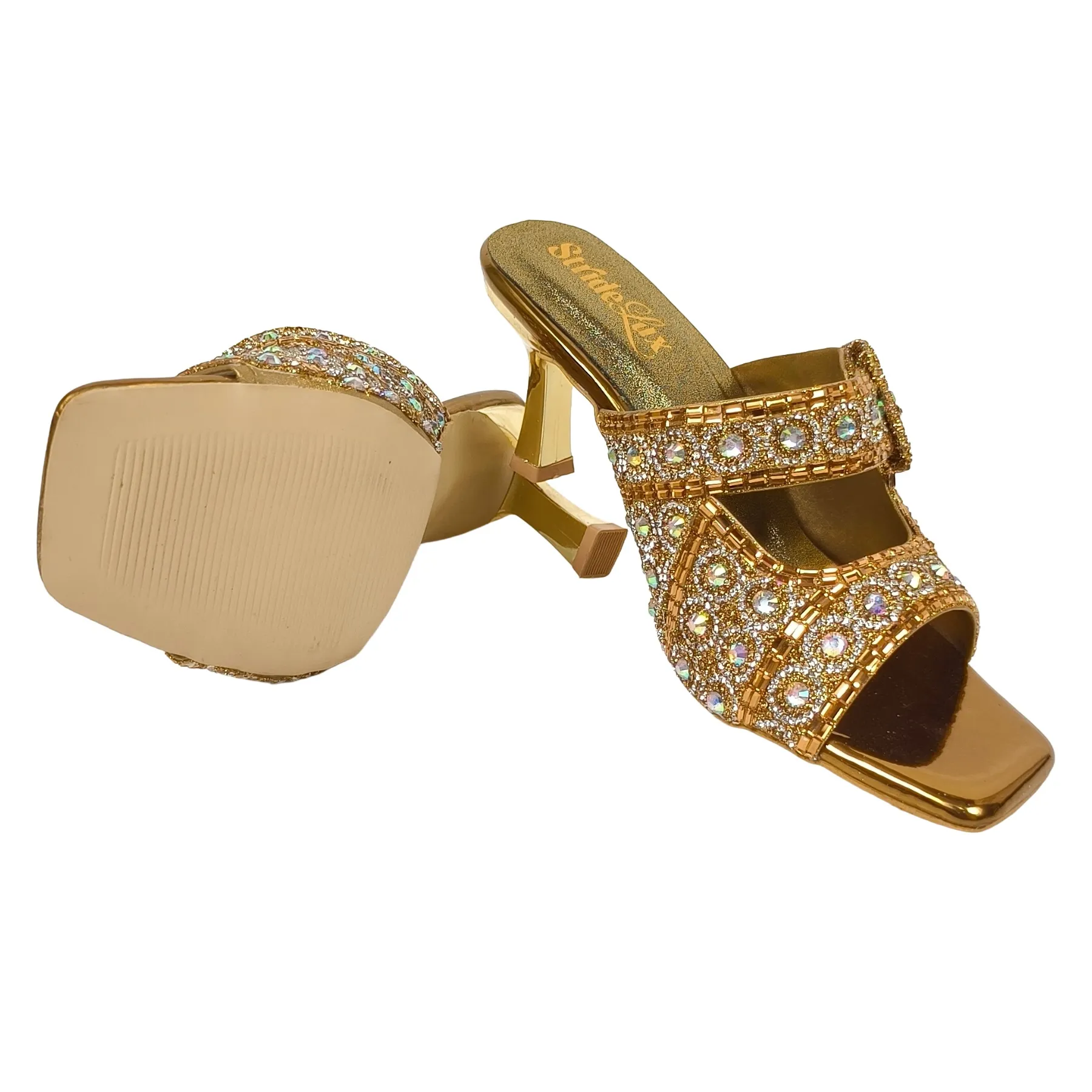Gold Embellished Multi-Row Crystal Sandals – 3-Inch Flared Heel - Image 8