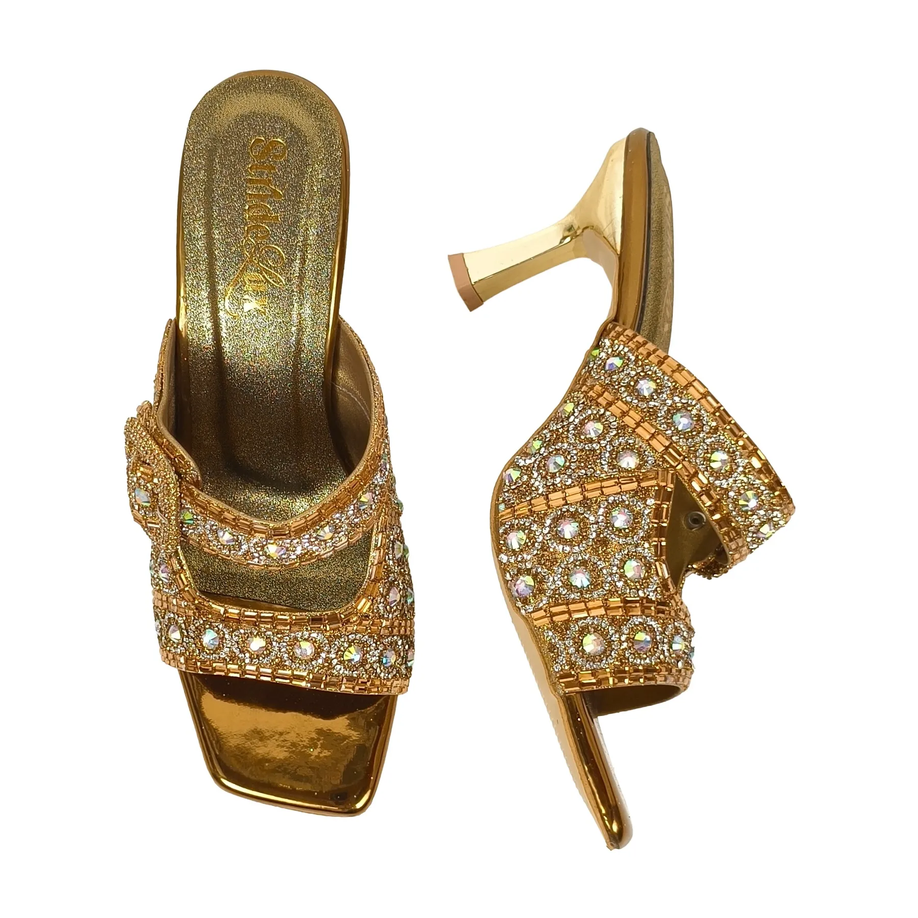 Gold Embellished Multi-Row Crystal Sandals – 3-Inch Flared Heel - Image 7