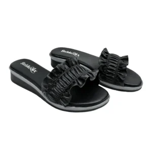 StrideLux Women’s Black Ruffle 2-Inch Heel Slippers