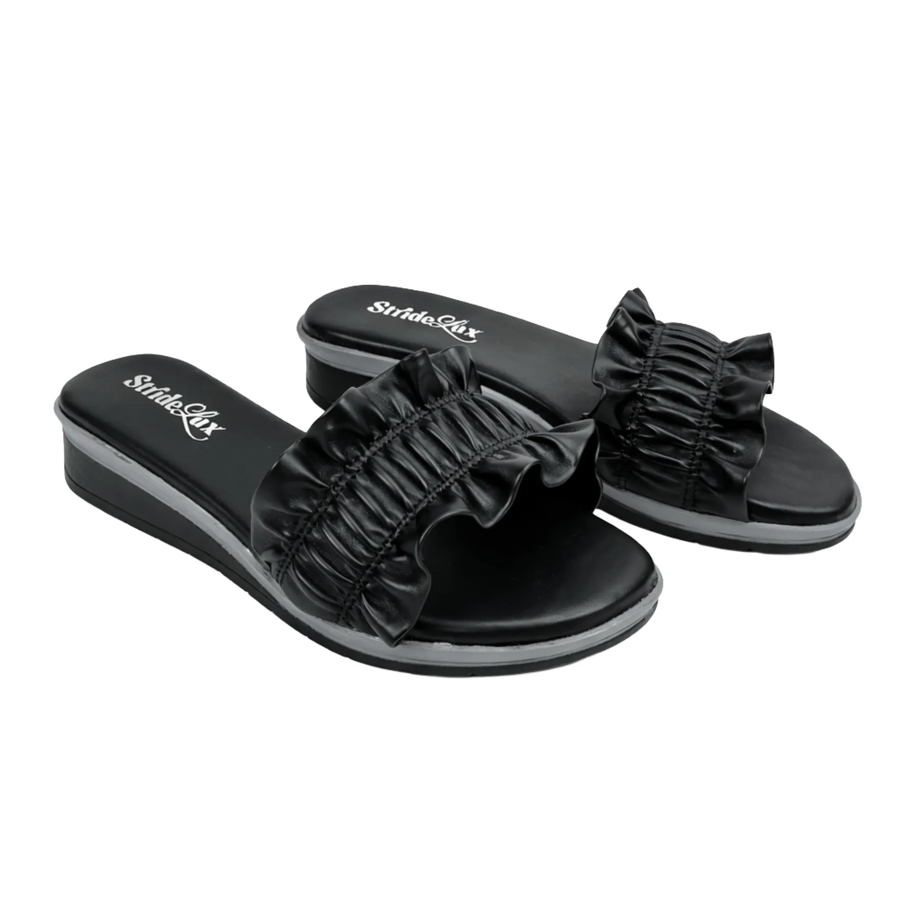 StrideLux Women’s Black Ruffle 2-Inch Heel Slippers