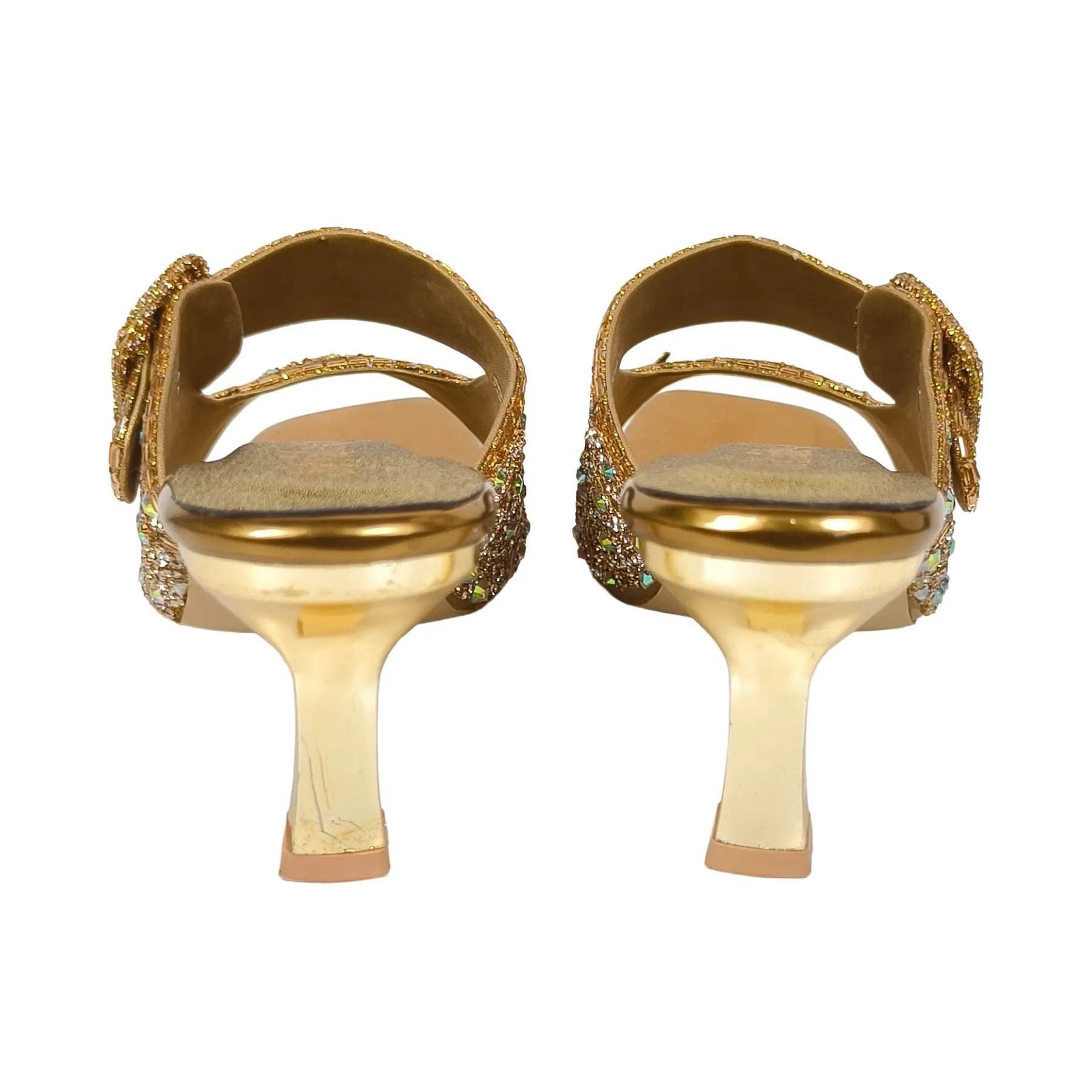 Gold Embellished Multi-Row Crystal Sandals – 3-Inch Flared Heel - Image 4