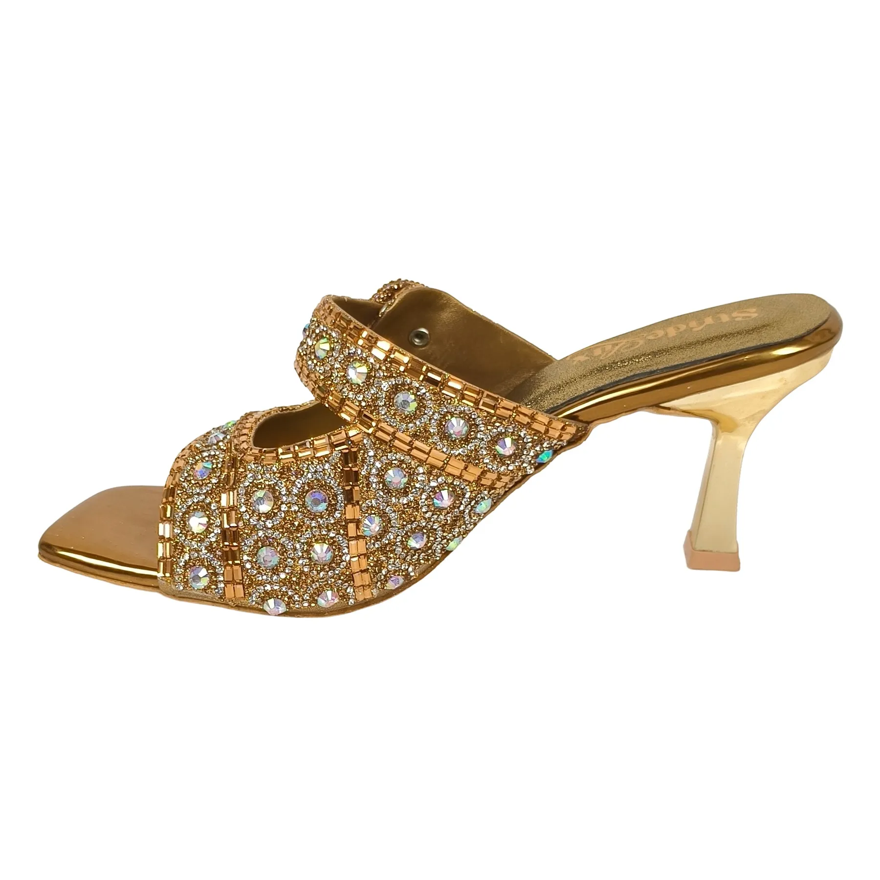 Gold Embellished Multi-Row Crystal Sandals – 3-Inch Flared Heel - Image 6