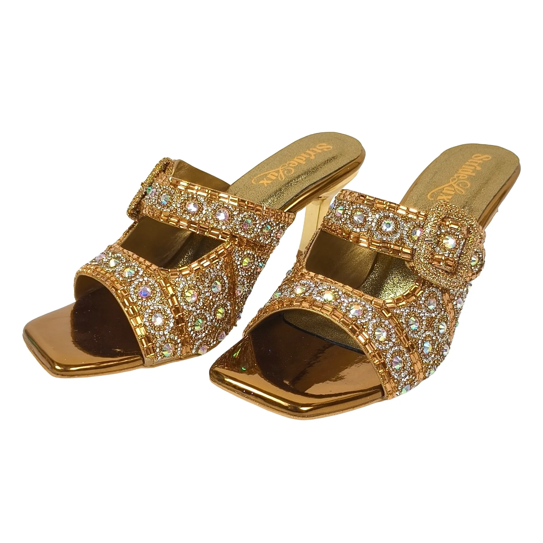 Gold Embellished Multi-Row Crystal Sandals – 3-Inch Flared Heel