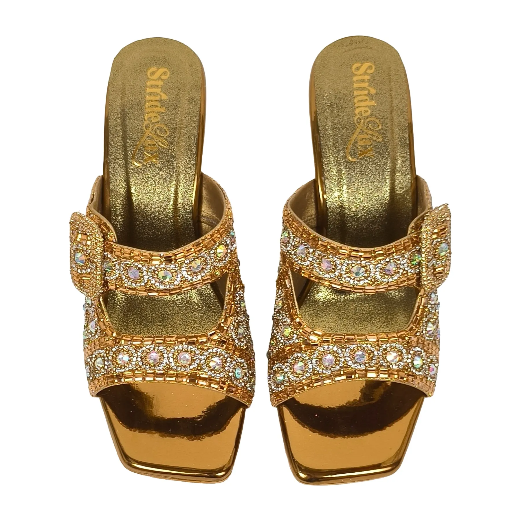Gold Embellished Multi-Row Crystal Sandals – 3-Inch Flared Heel