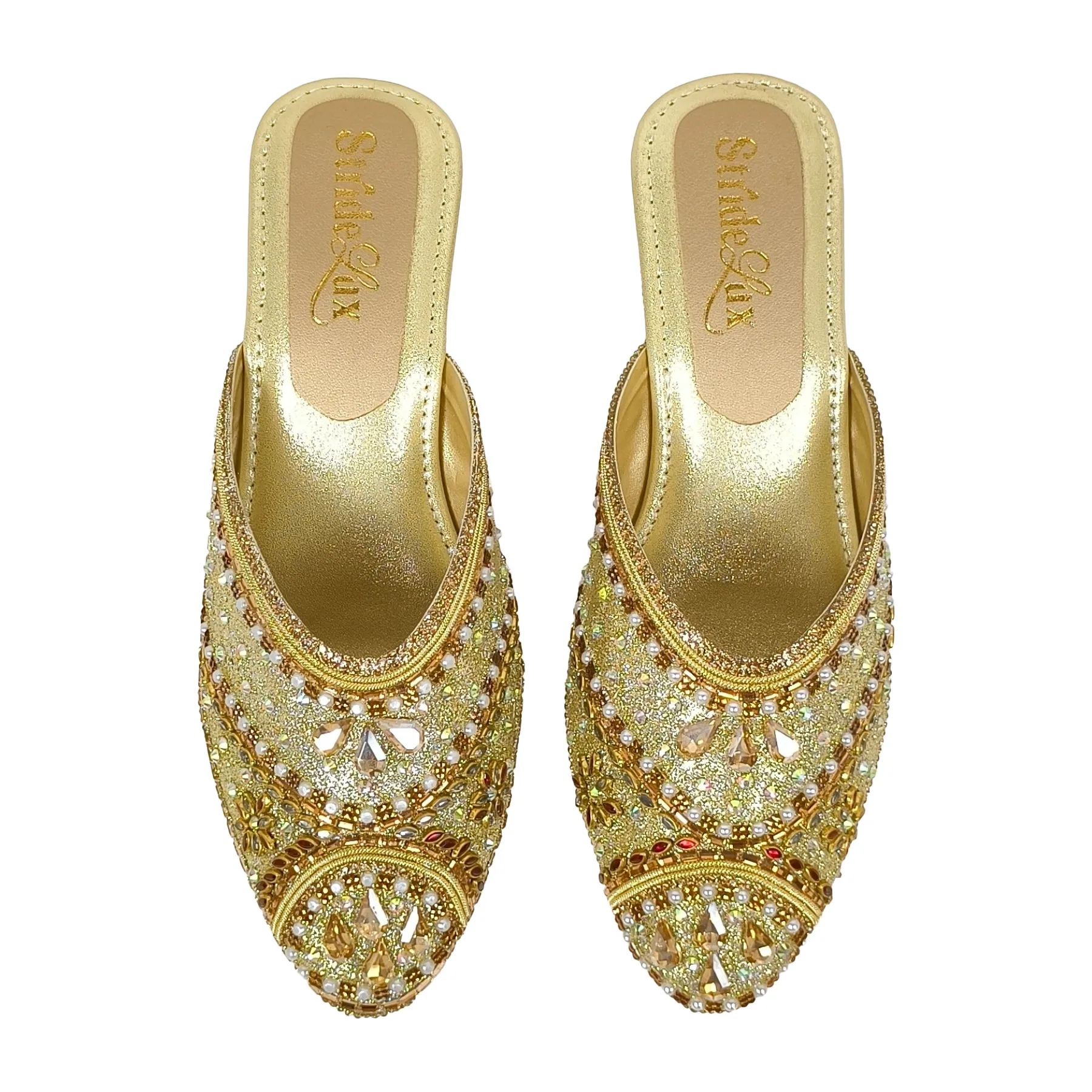 Hand-Embellished Gold Floral Mules