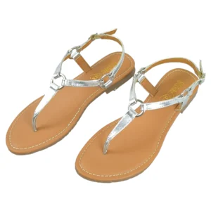 StrideLux Women Metallic T-Strap Toe-Ring Flat Sandals – Silver