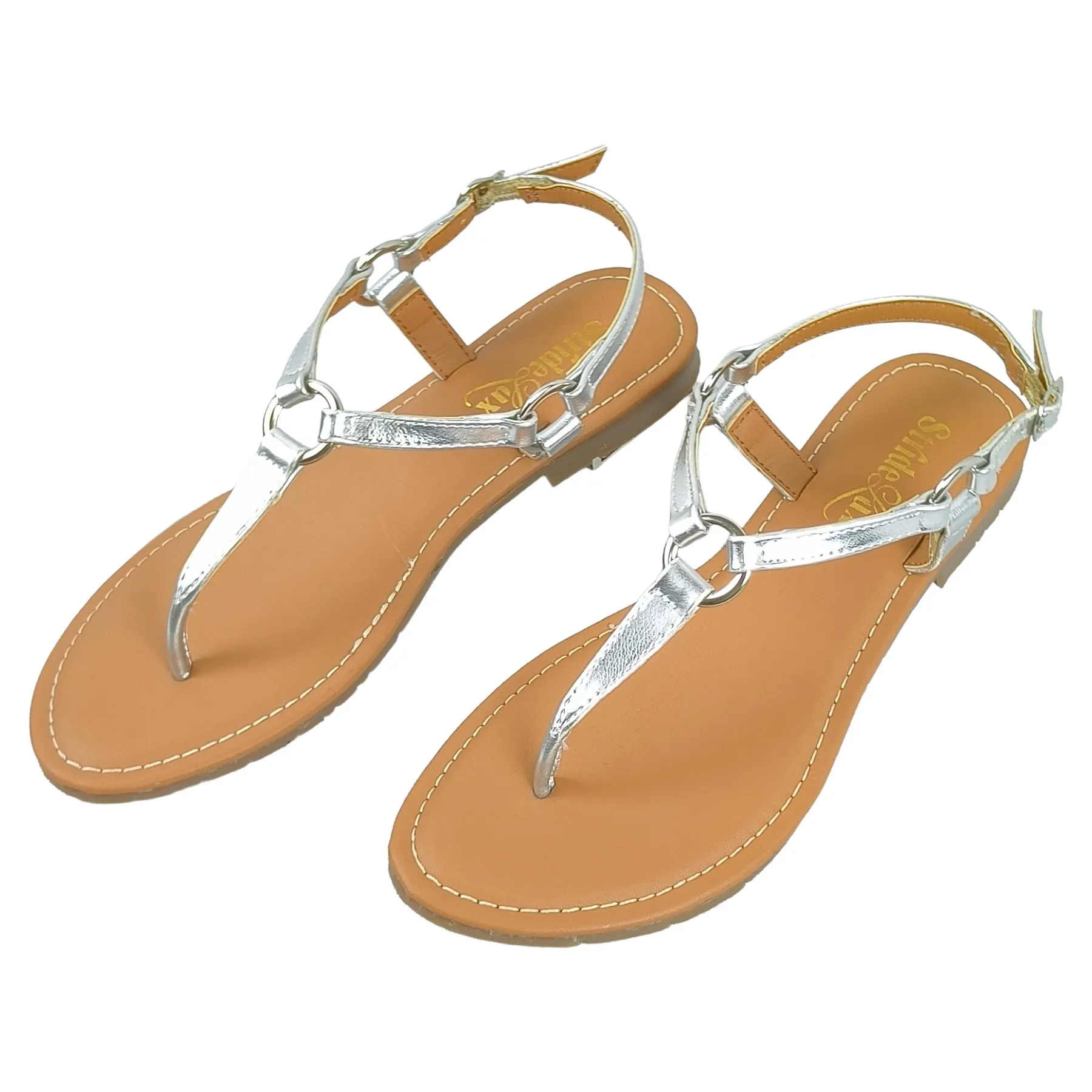StrideLux Women Metallic T-Strap Toe-Ring Flat Sandals – Silver