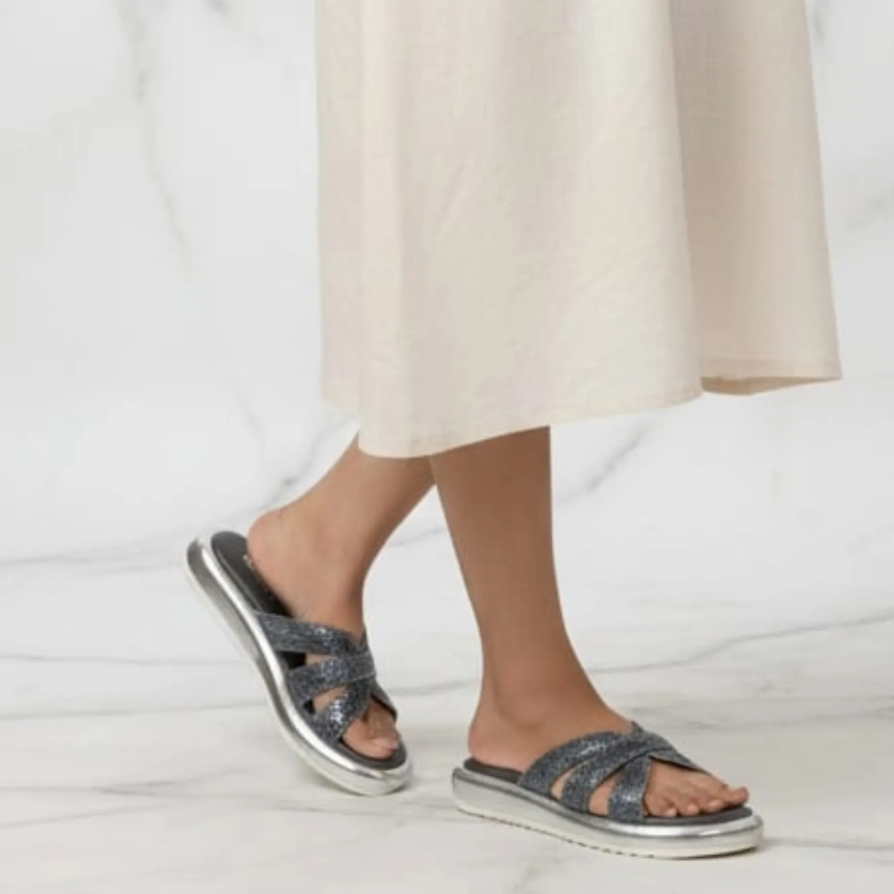 StrideLux Gilded Braided Metallic Slide Sandals