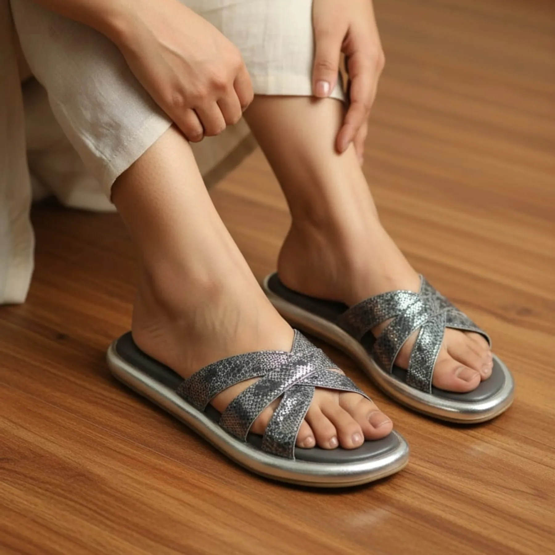 StrideLux Gilded Braided Metallic Slide Sandals - Image 3