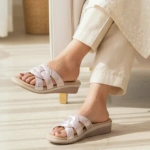 Women Pink Gold Textured Criss-Cross Slip-On Comfort Sandals