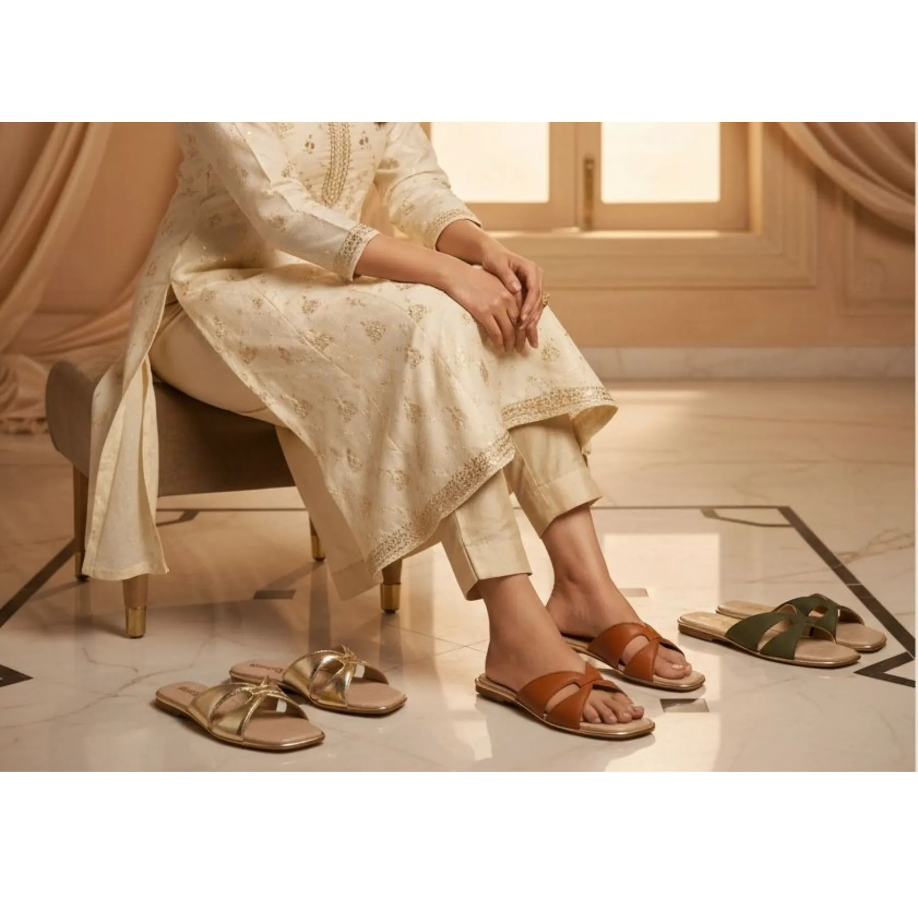 Elara Cross Strap Flat Slides – Soft Gold - Image 5