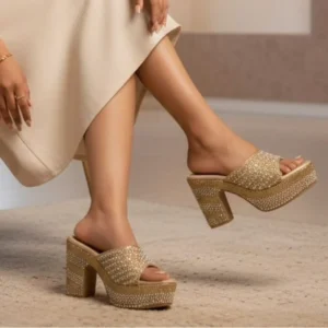 Glitzy Gold Rhinestone & Pearl Encrusted Platform Mules
