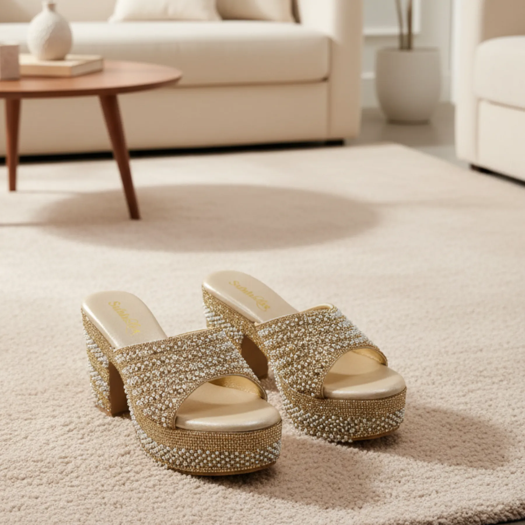 Glitzy Gold Rhinestone & Pearl Encrusted Platform Mules - Image 4